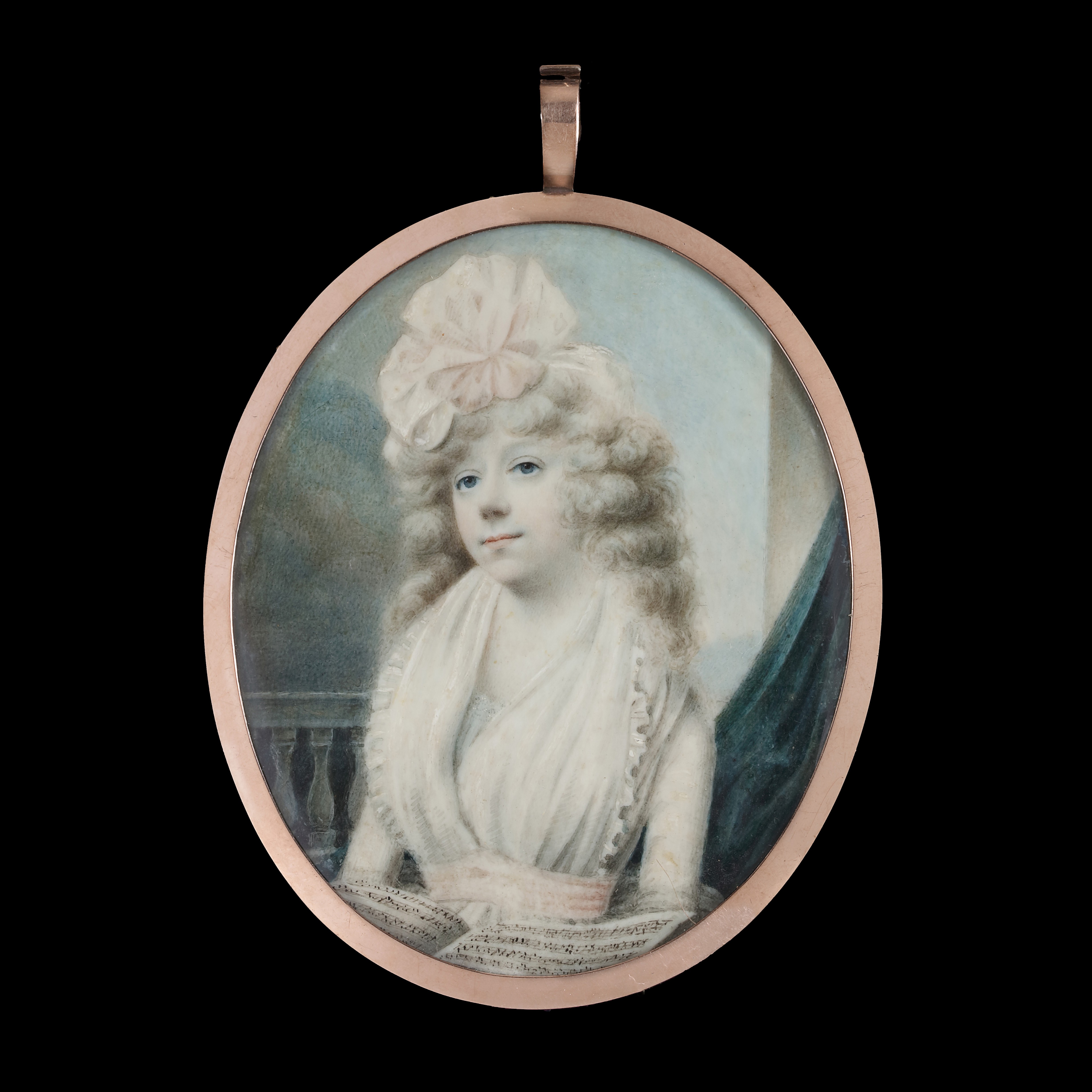 Portrait miniature of an unknown Lady, wearing a white dress with pink ribbon, her hair powdered white and worn with a pale pink ribbon, holding sheet music