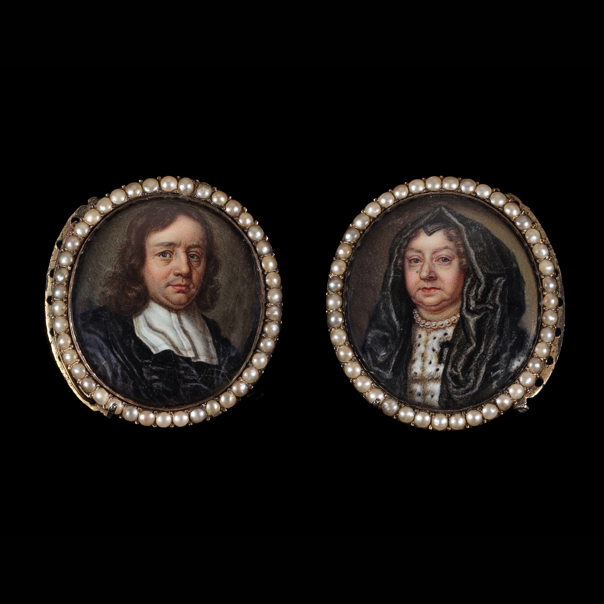 A pair of portrait enamels, likely depicting Lady Mary Bankes (1598-1661) and her son Sir Ralph Bankes (1631–1677)