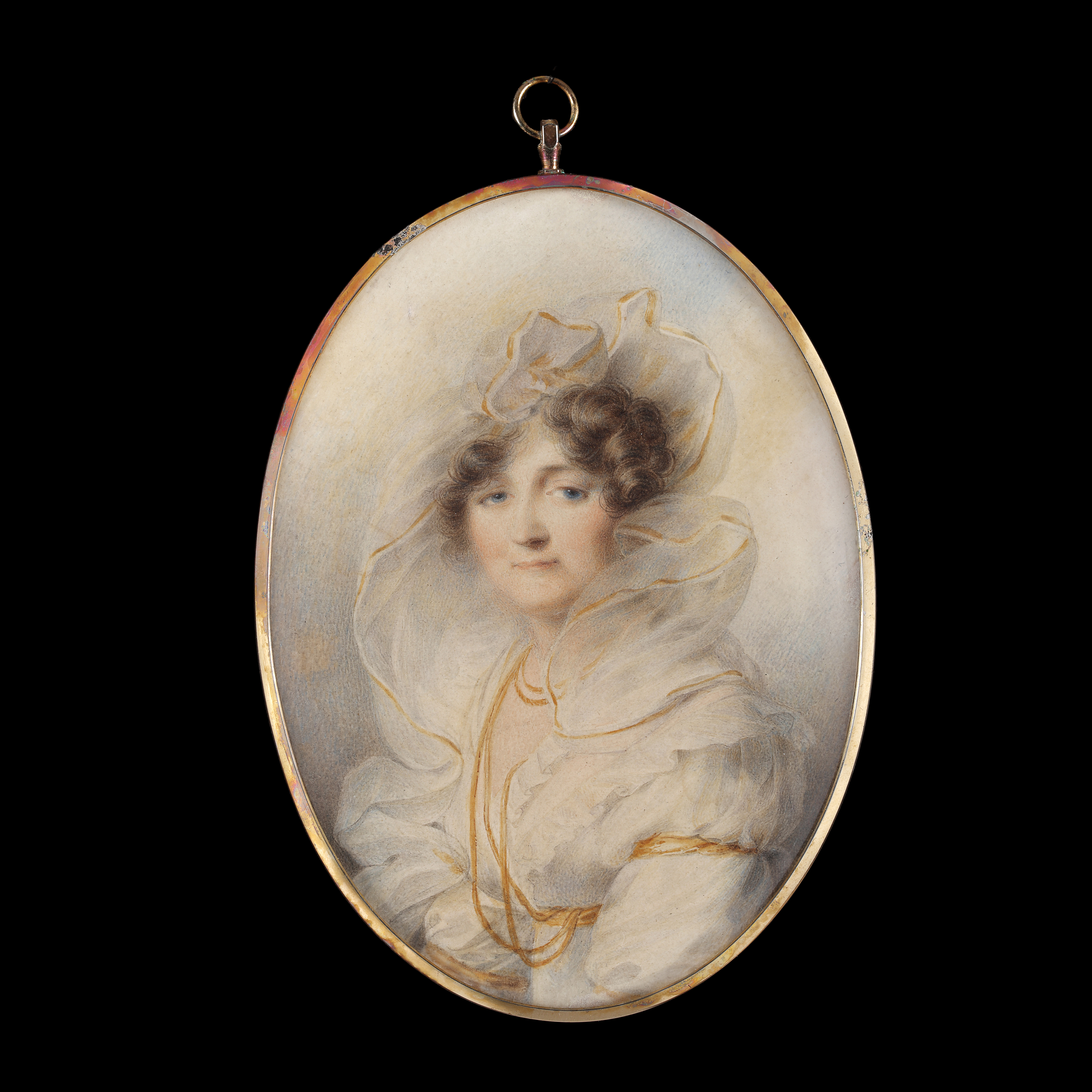 A portrait watercolour of a Lady, wearing diaphanous white dress and veil with gold braided edge