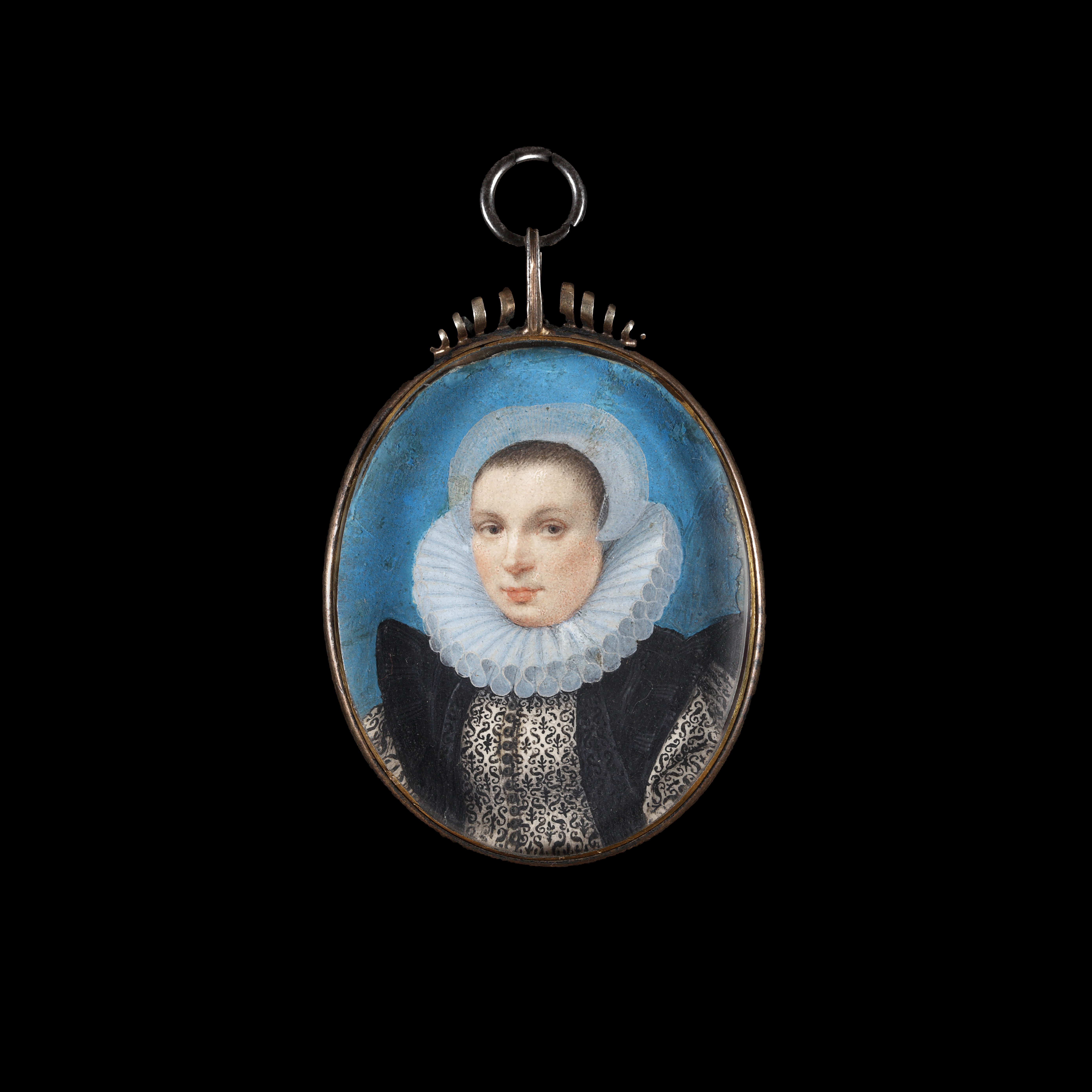 Portrait miniature of a young Lady, wearing gown with double ‘S’ blackwork gown with black silk mantel, also embroidered with the letter ‘S’, lace ruff and coif