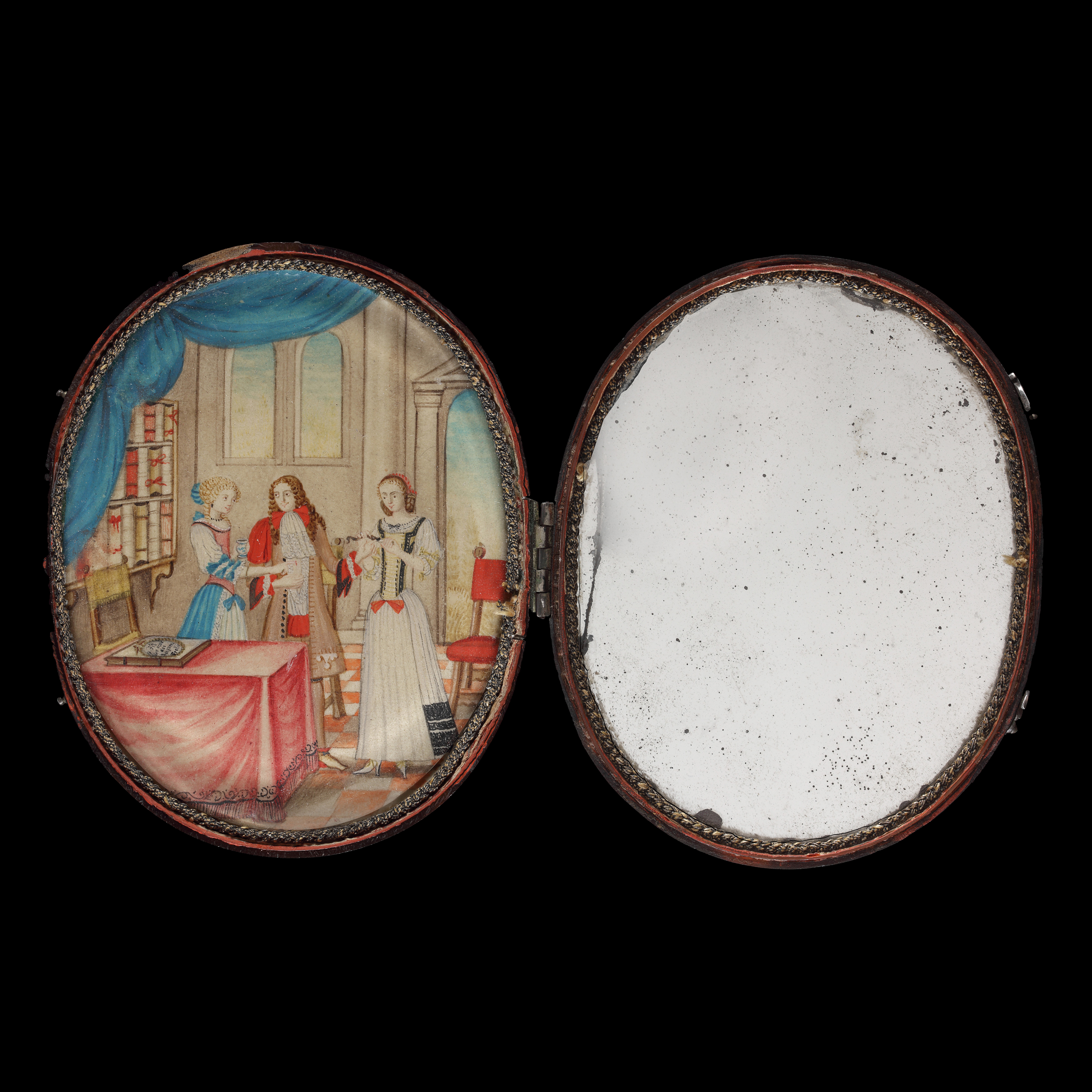 A rare portrait miniature depiction of a hand-fasting ceremony, with three figures standing in a room lined with books