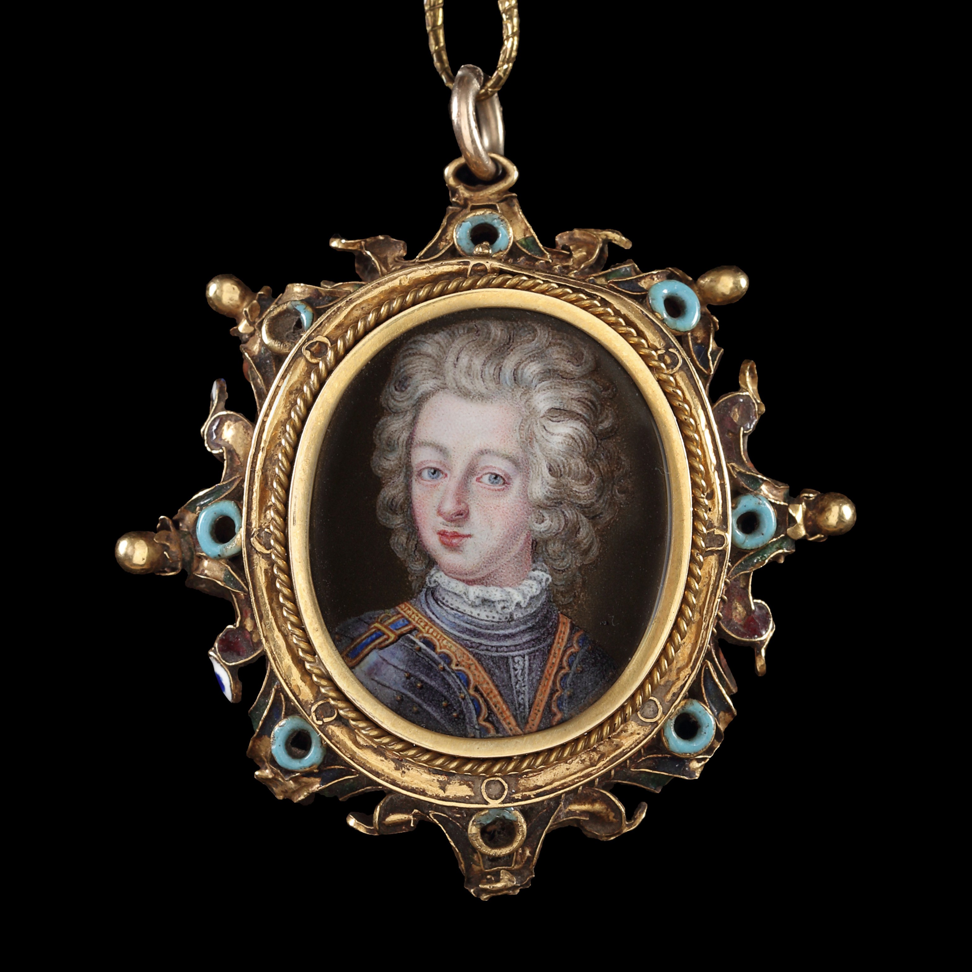 Portrait enamel, believed to be Victor Amadeus II of Savoy (1666-1732), wearing armour and white ruff, his curled hair powdered