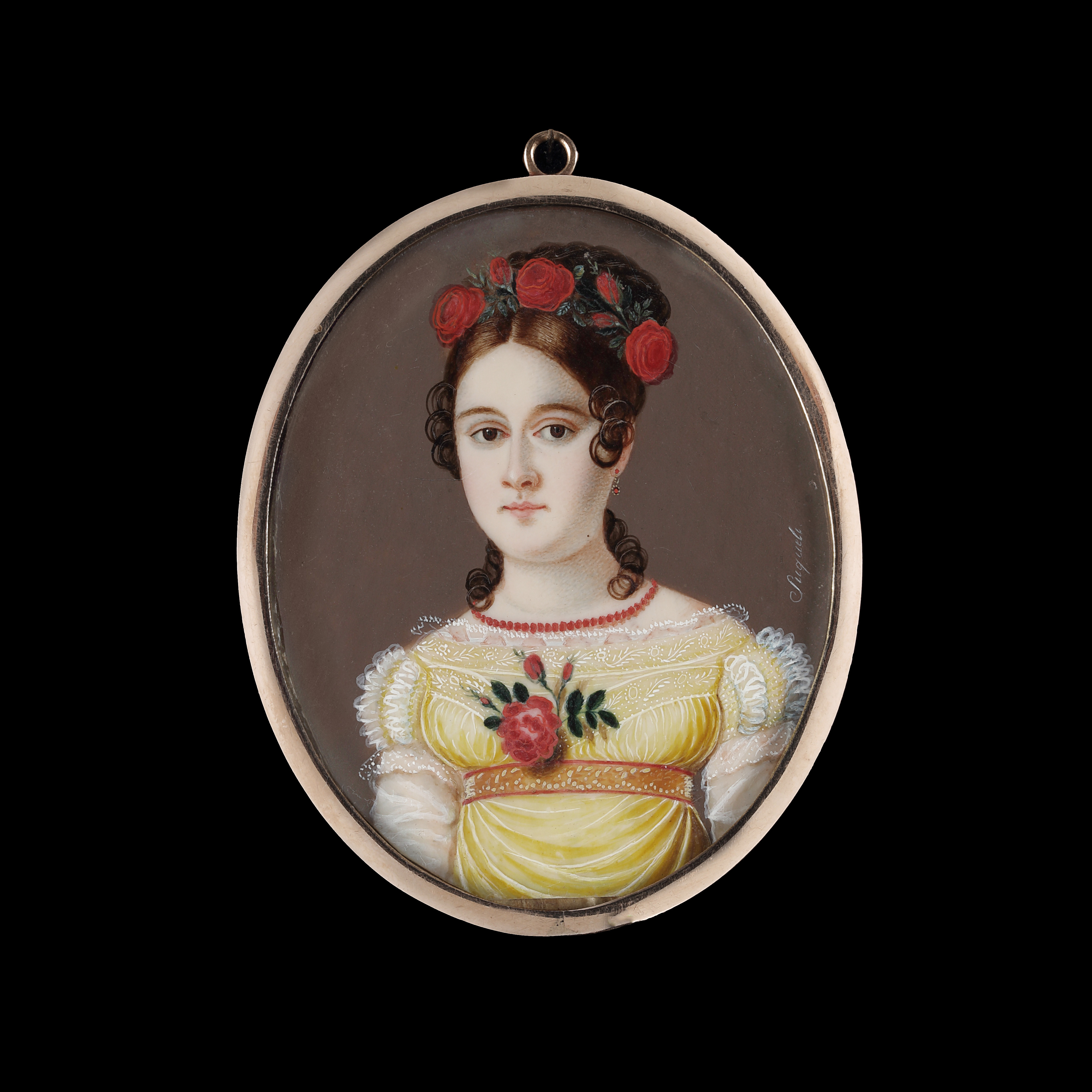 Portrait miniature of a young Lady, wearing a yellow dress with white sleeves and lace, a necklace of coral beads, a rose worn at her breast, her hair worn up and dressed with roses