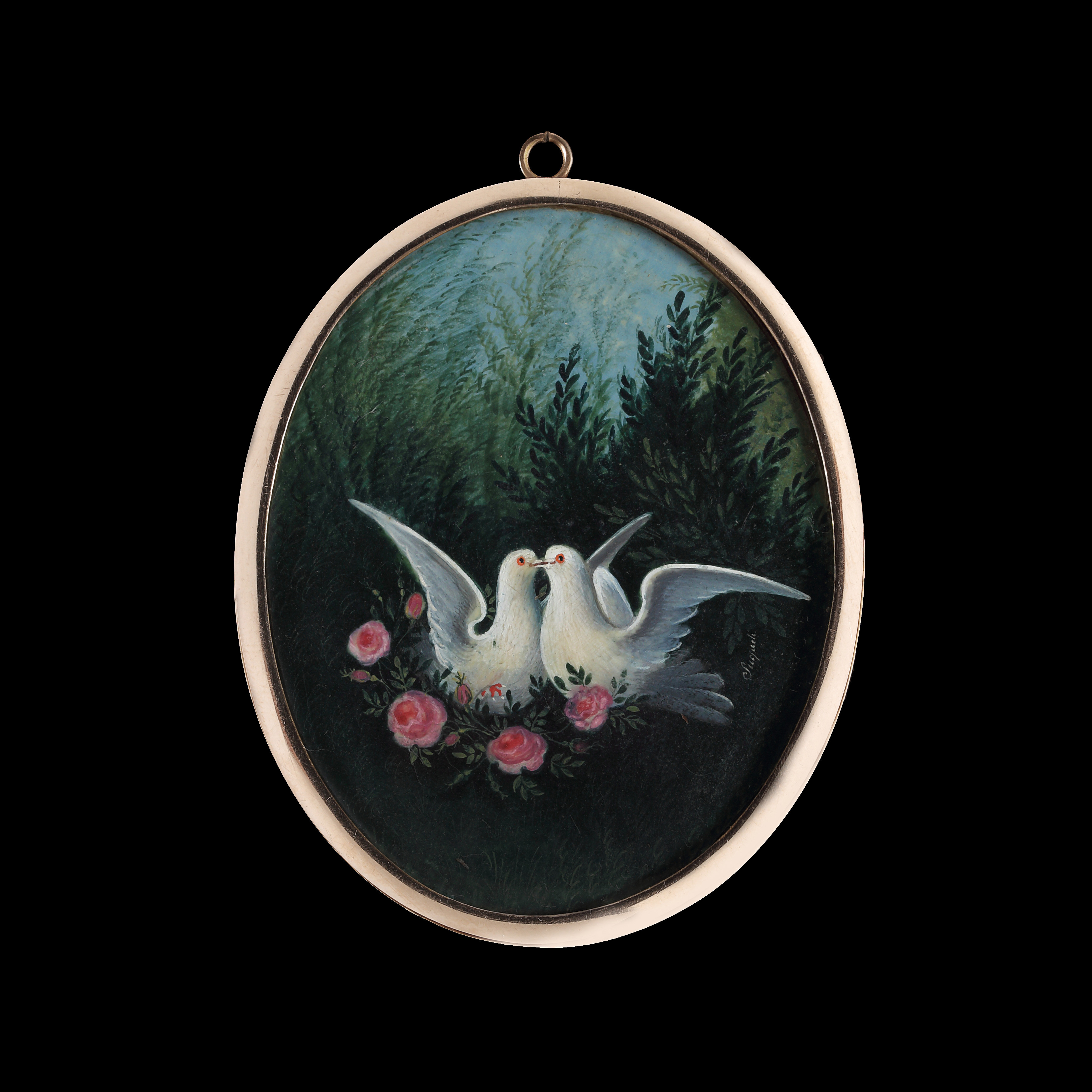 Portrait miniature of a young Lady, wearing a yellow dress with white sleeves and lace, a necklace of coral beads, a rose worn at her breast, her hair worn up and dressed with roses