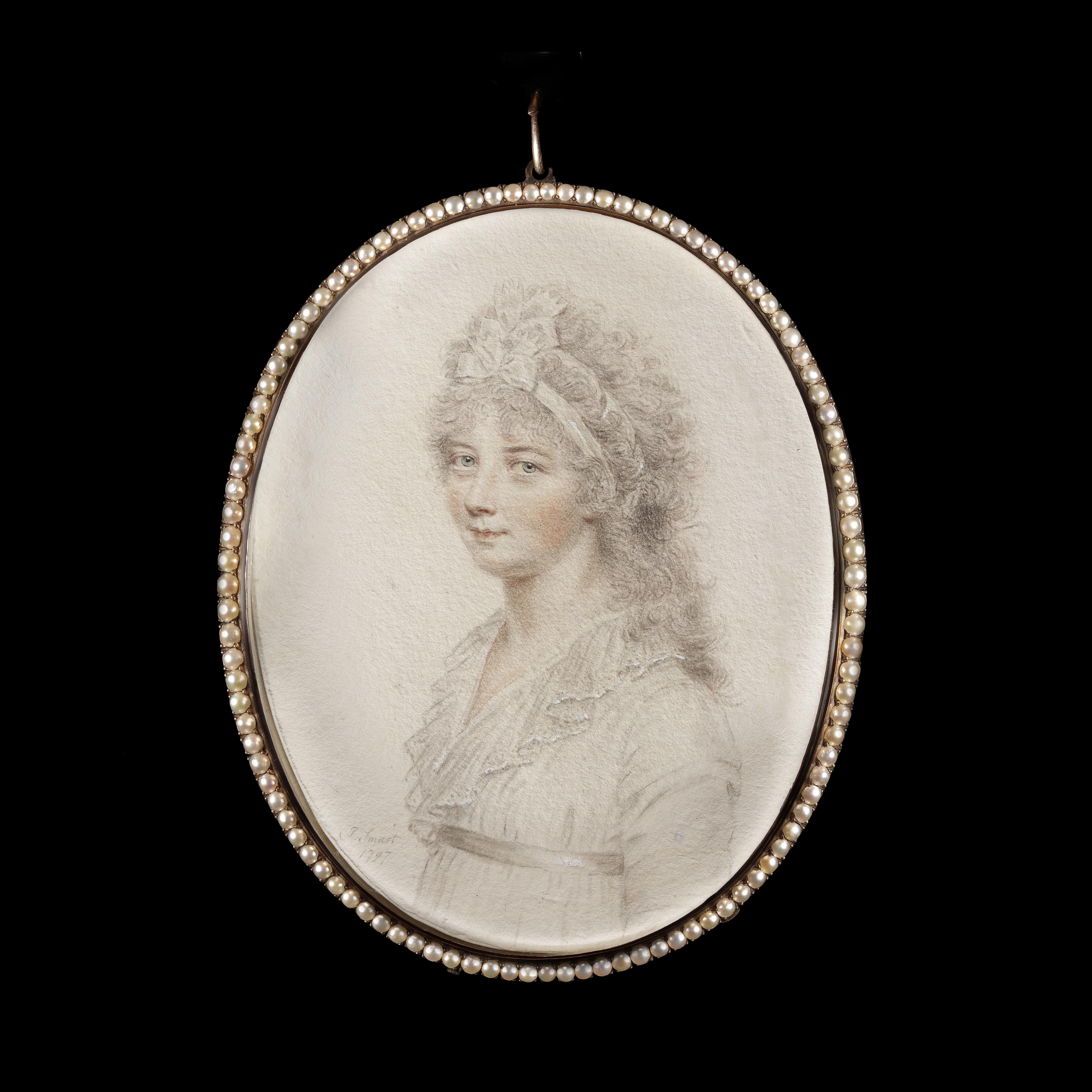 Portrait drawing of Mrs Parker of Bath, wearing white muslin dress and two bows of white silk ribbon in her powdered hair