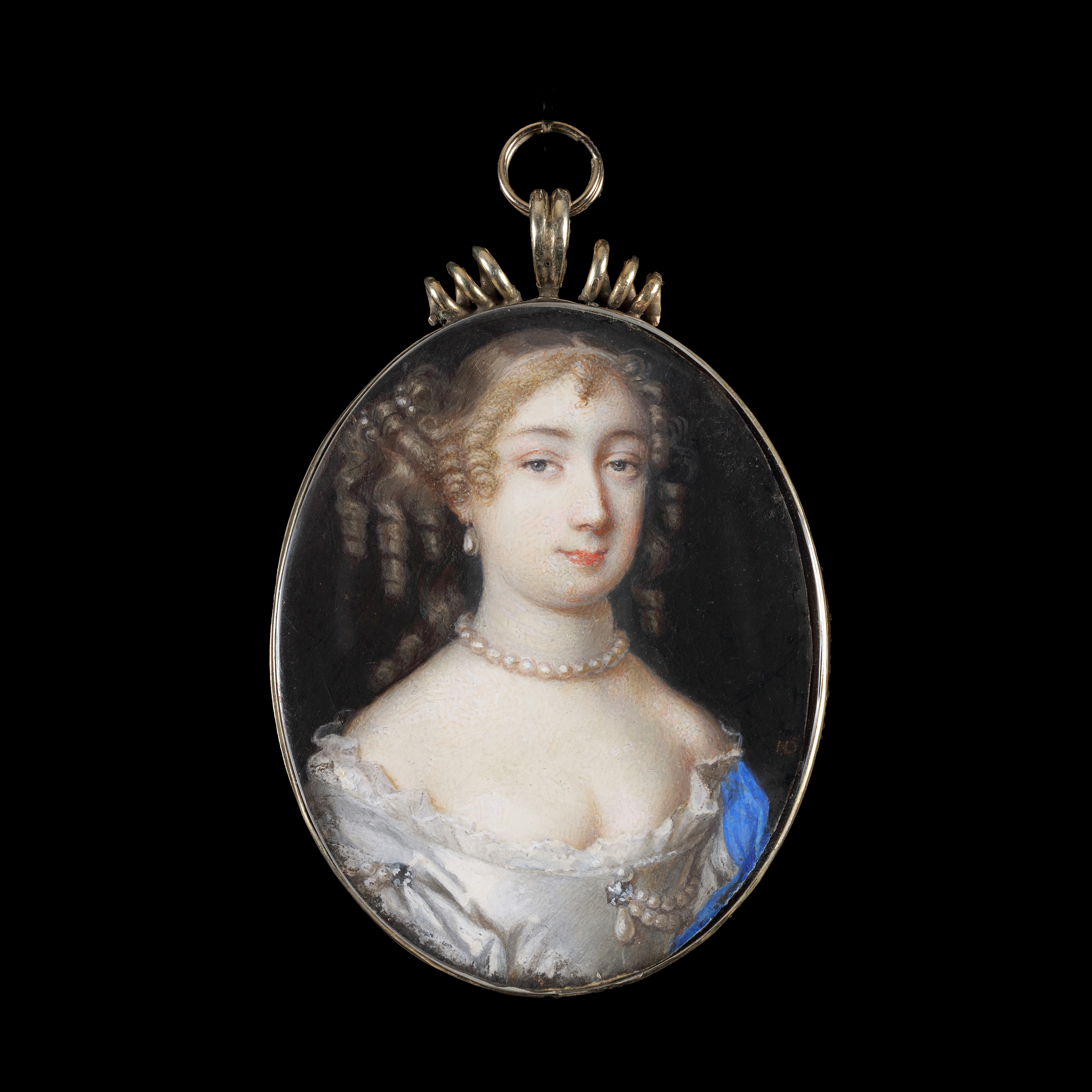 A Lady, wearing white silk dress over white lace chemise, pearl and diamond clusters at her corsage and shoulder, blue cloak, further pearls at her neck and drop earrings; circa 1675