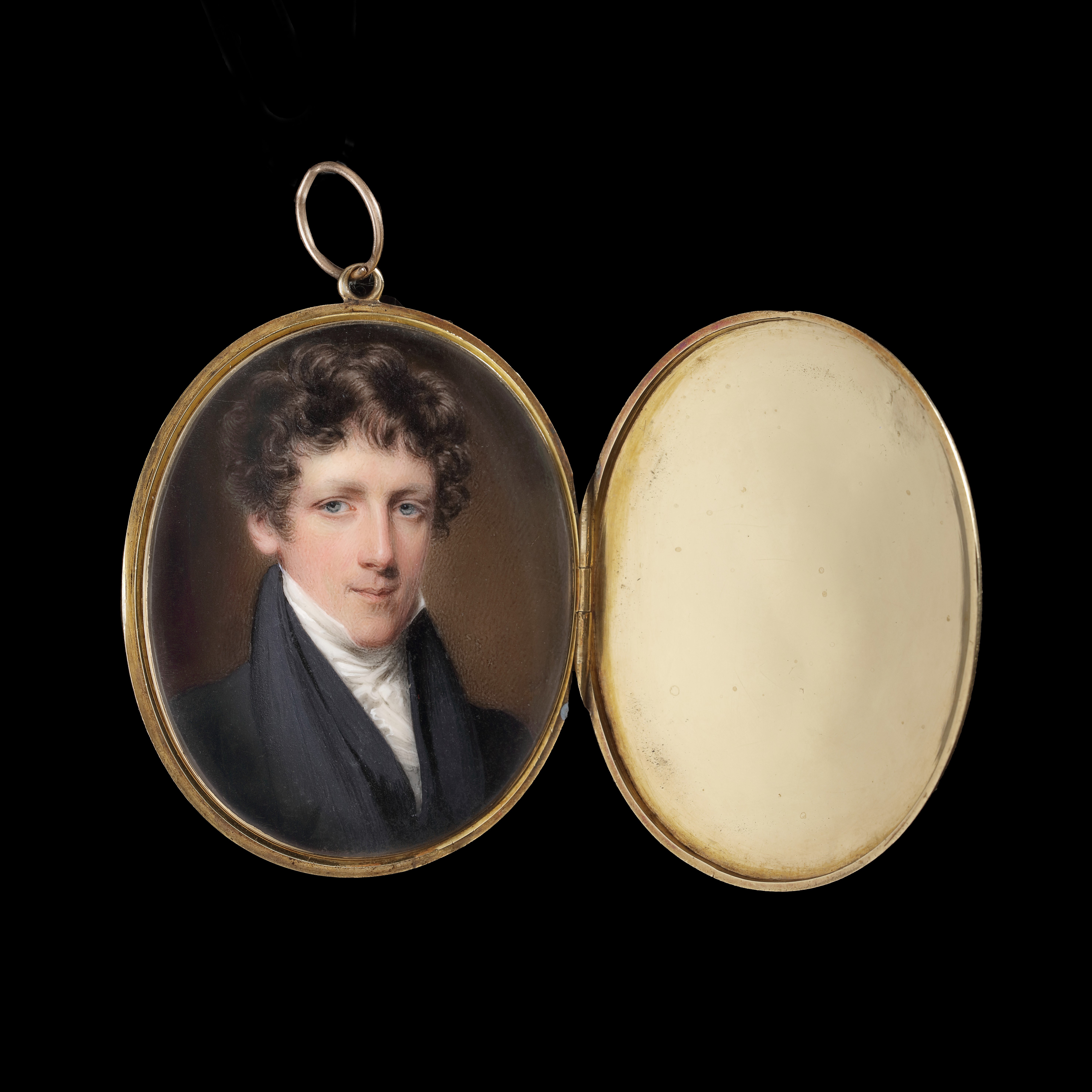 Portrait miniature of a Young Gentleman wearing a black dress coat with a high collar and black waistcoat, a white shirt and cravat