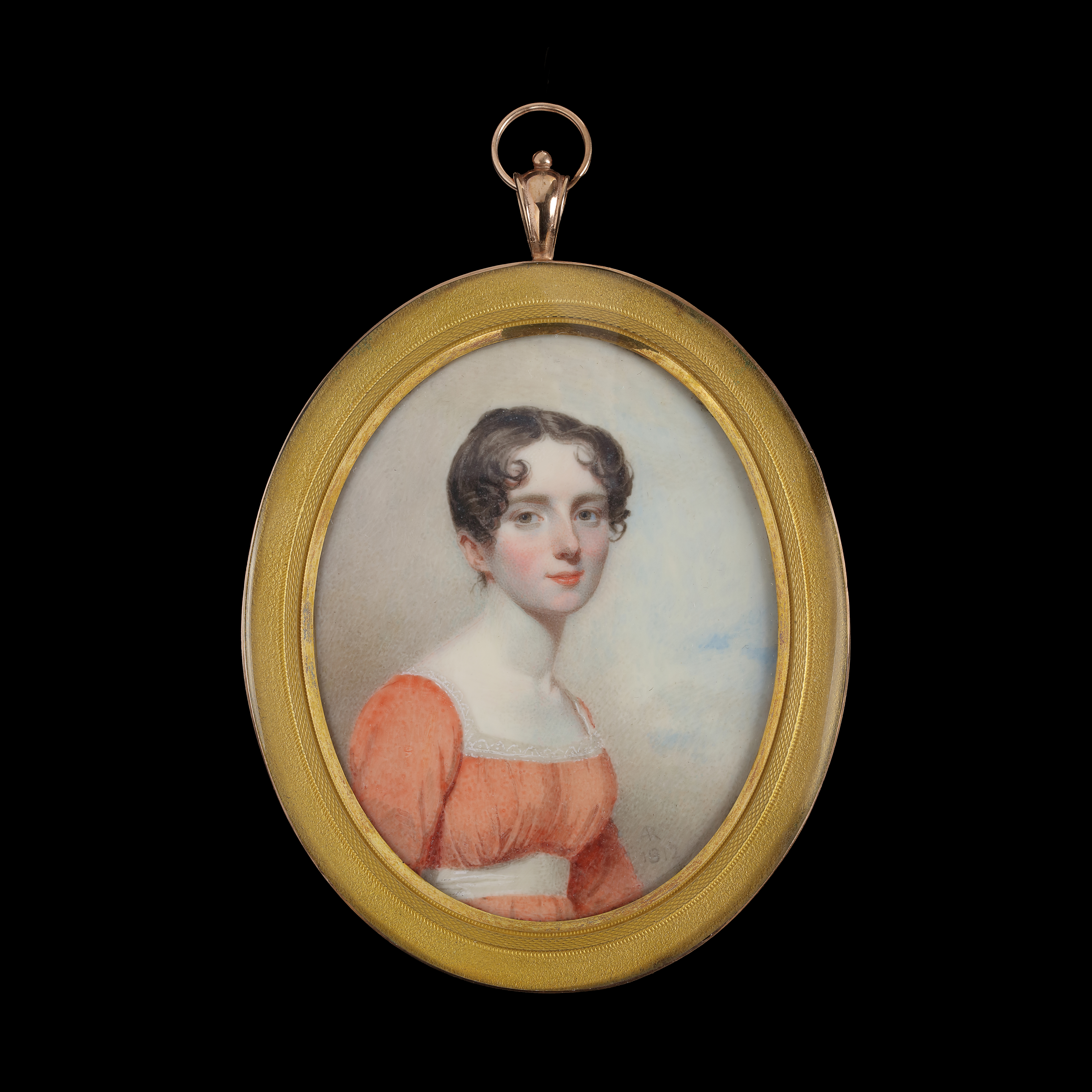 Portrait miniature of a Lady, probably Frances (‘Fanny’) Maria Kelly (1790-1882) wearing a coral coloured dress trimmed with white lace