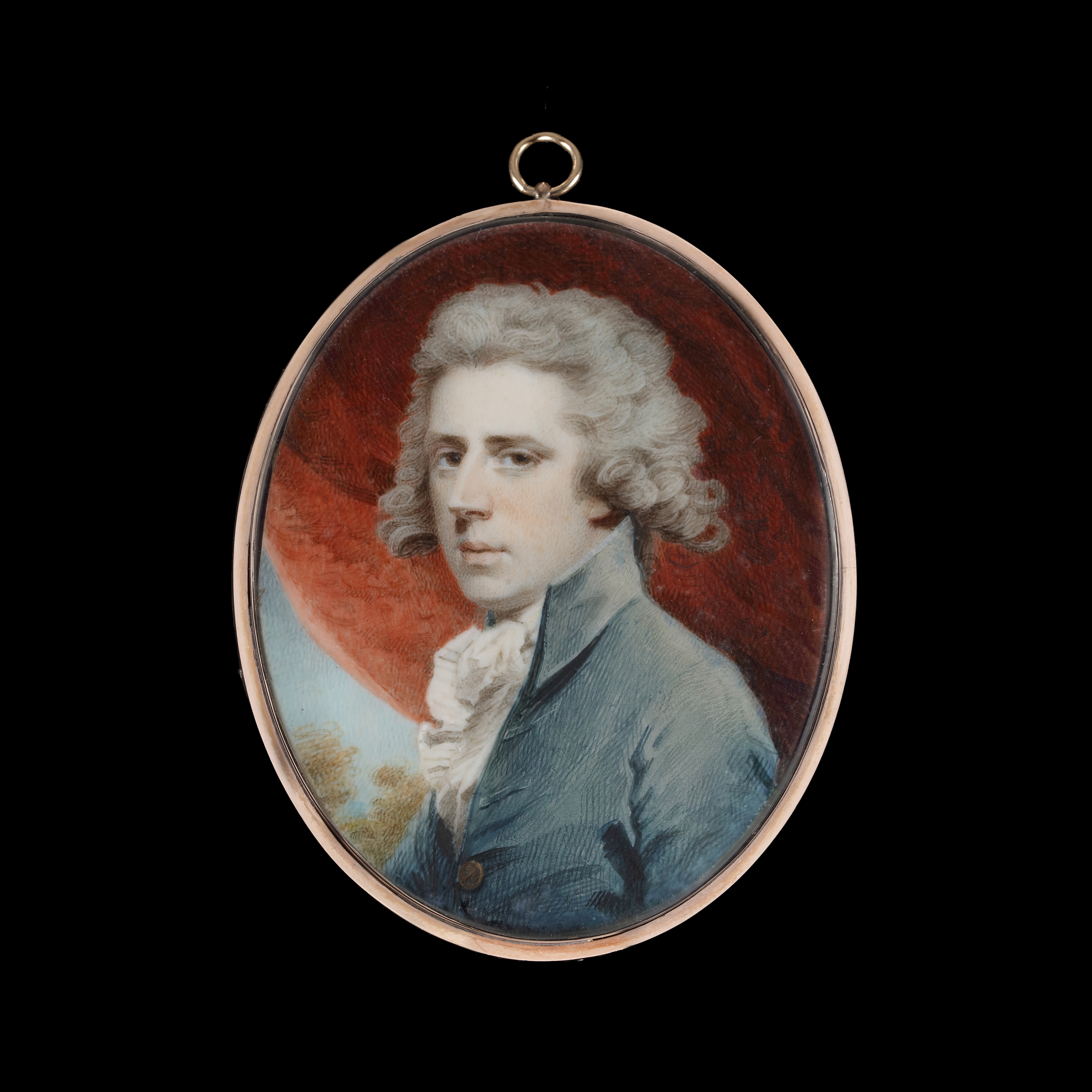 Portrait of a gentleman wearing a steel grey coat, with a white waistcoat and jabot with glazed hair reverse