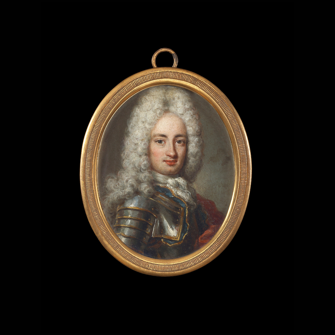 A Nobleman, wearing gilt-edged steel armour, white jabot and red cloak, powdered full wig