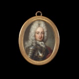 A Nobleman, wearing gilt-edged steel armour, white jabot and red cloak, powdered full wig
