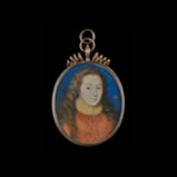 Venetia, Lady Digby (née Stanley) (1600-33), wearing an embroidered orange and gold dress, with ‘saffron’ lace ruff and earrings, her long wavy hair falling to her shoulders