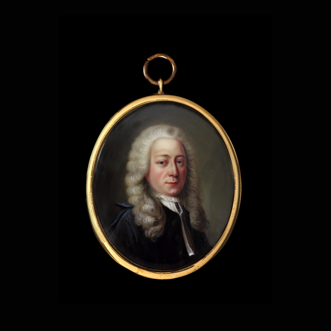 Portrait enamel of a professional, probably a lawyer, wearing black robes over white lawn bands and a small frill collar