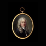 Portrait enamel of a professional, probably a lawyer, wearing black robes over white lawn bands and a small frill collar