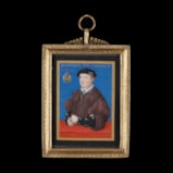 Portrait of a gentleman, called Leonhardus Baur (b.1529), aged twenty, resting on a table covered with red cloth, wearing a black doublet, sleeves slashed to reveal white, and a brown coat, sleeves slashed to reveal maroon, white shirt tied with black ribbon, and a black cap with gold and silver pins; a merchant’s symbol and memento mori to the top left