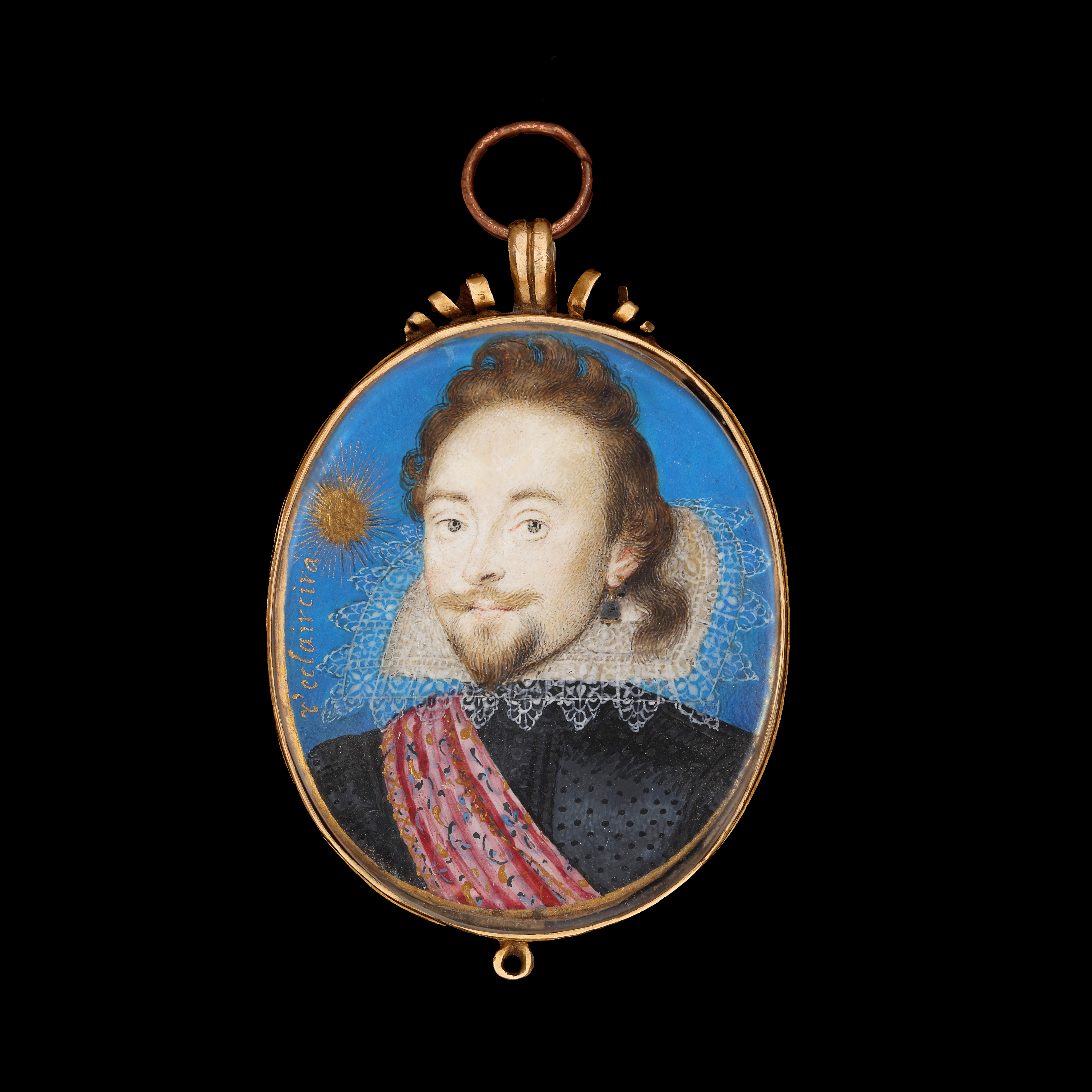 Portrait miniature of a Nobleman wearing a black doublet with an embroidered pink sash, a rebato collar with scalloped lace edging, and a large gem stone earring; his hair in a ‘lovelock’ on his left; a gold sunburst over his right shoulder