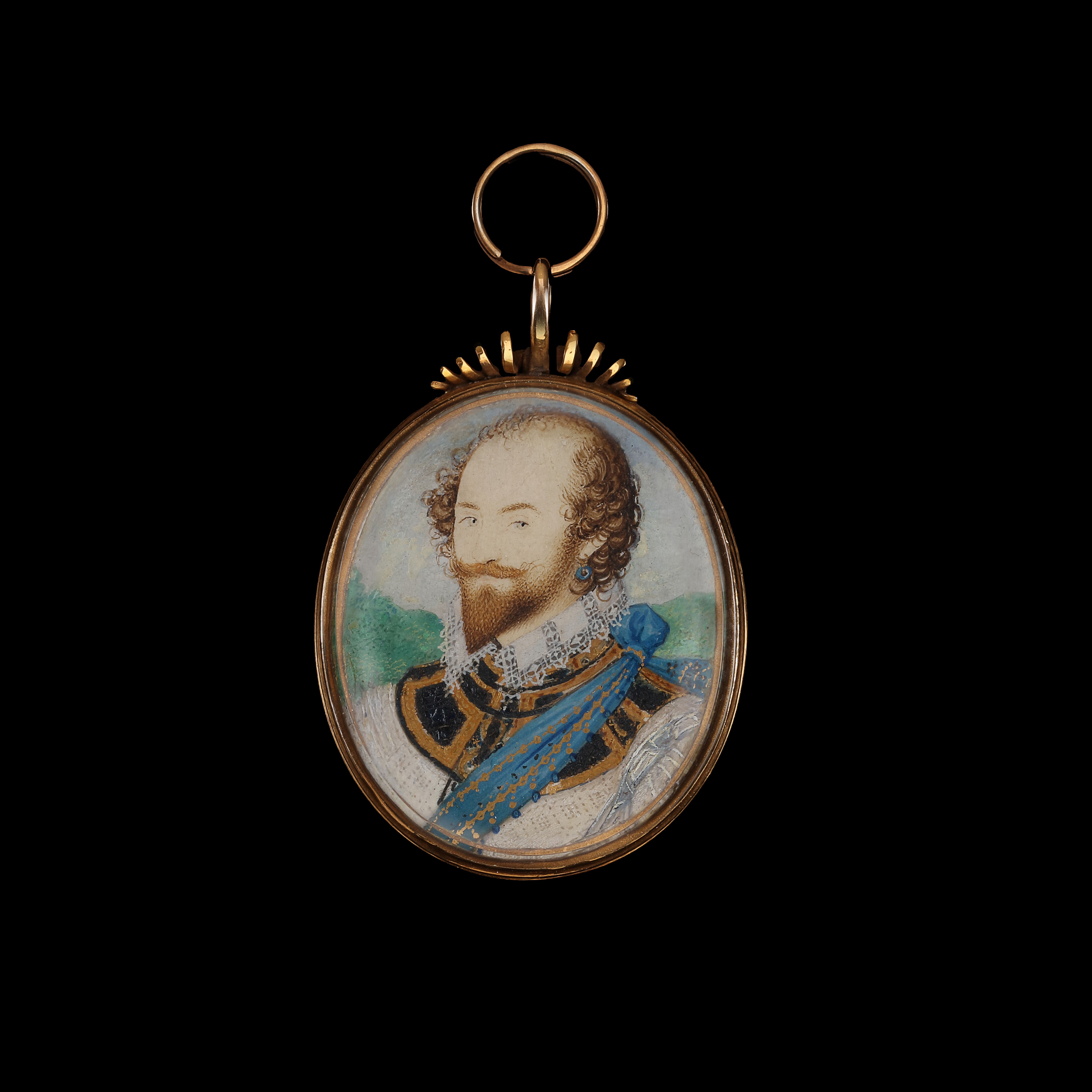 Portrait miniature of a courtier, possibly Sir William Drury (1550–1590) wearing a gold edged armour over a white doublet, a lace-trimmed collar and a gold-embroidered blue sash, with a blue-enamelled earring, woodland and sky background, gold border