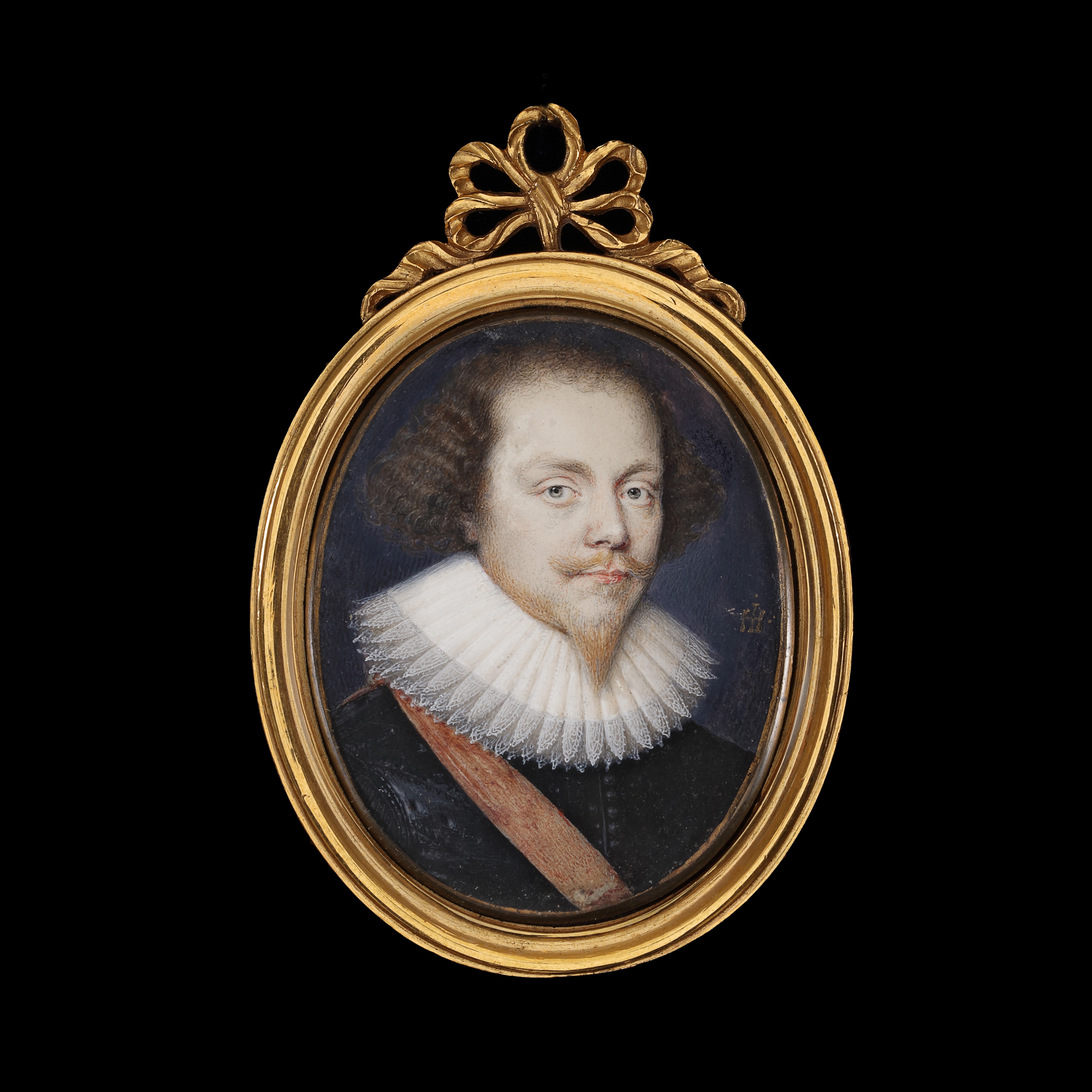 Portrait miniature of a Knight of the Bath, wearing a black doublet, white lace ‘falling’ ruff and red ribbon sash; circa 1620s