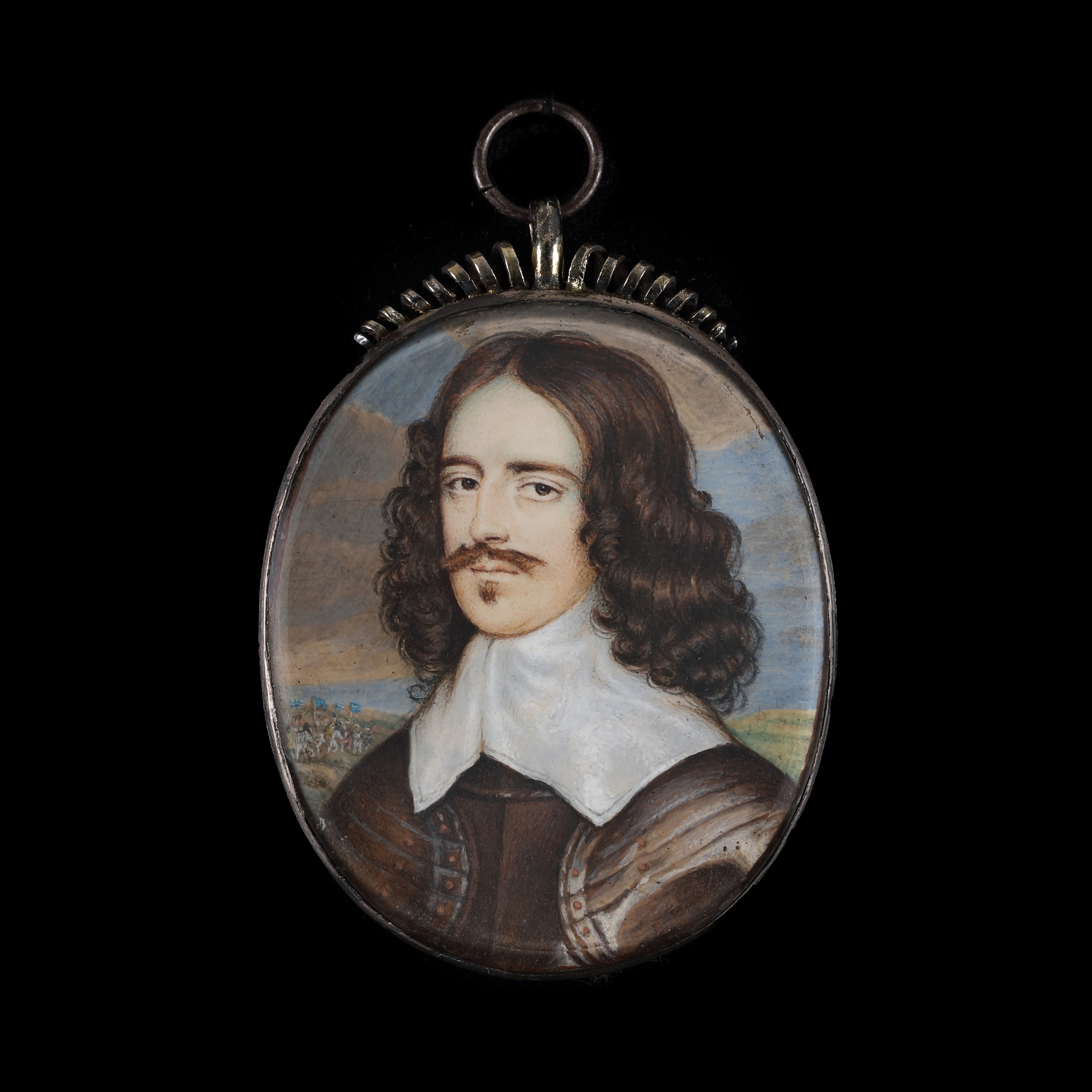Portrait miniature of a Gentleman, facing left, with armour breastplate and lawn collar, landscape and cavalrymen in the background