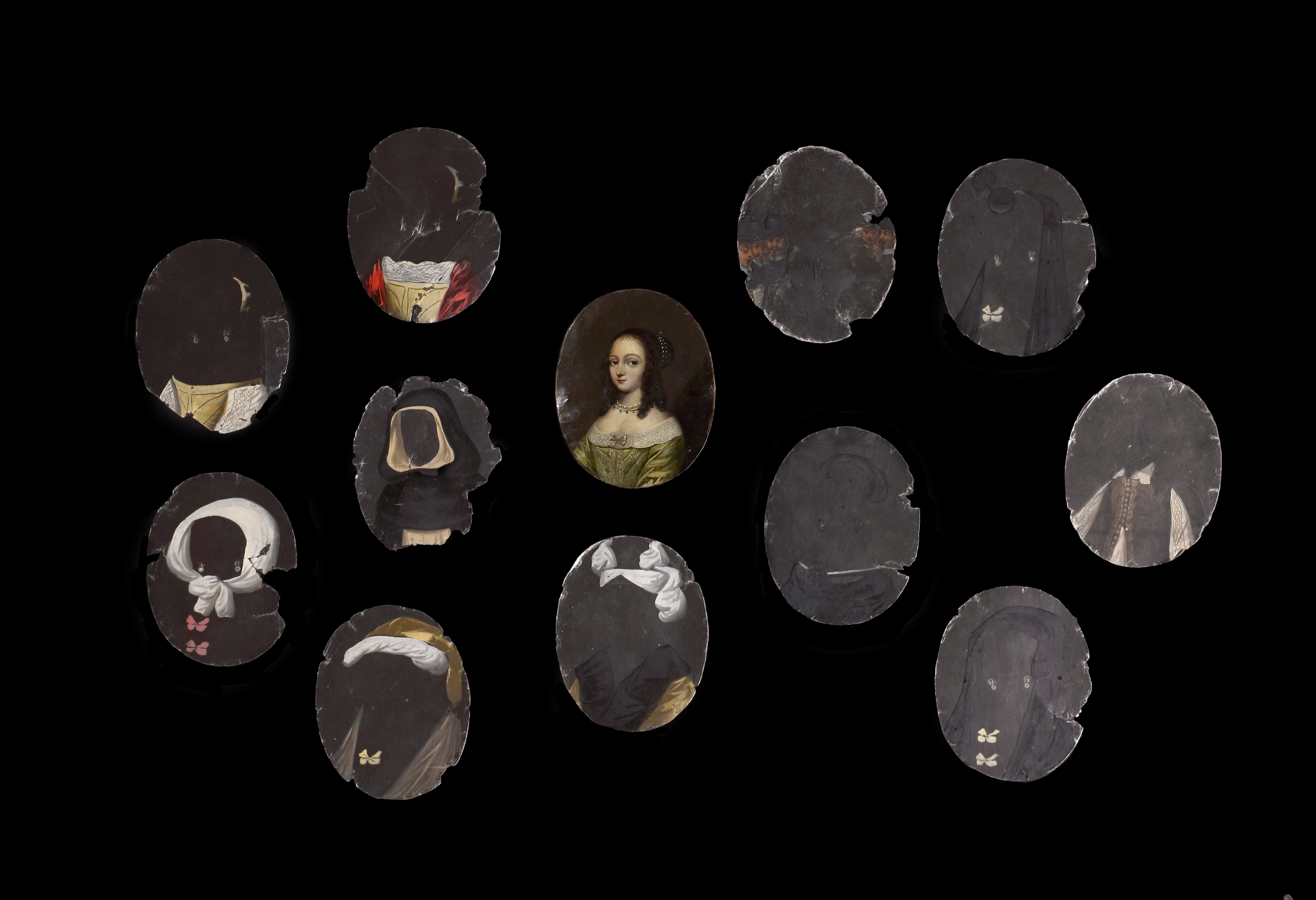 An oil portrait of a Lady, likely to be an English or Swedish Noblewoman, with eleven (11)  Costume ‘mica’  talcs*