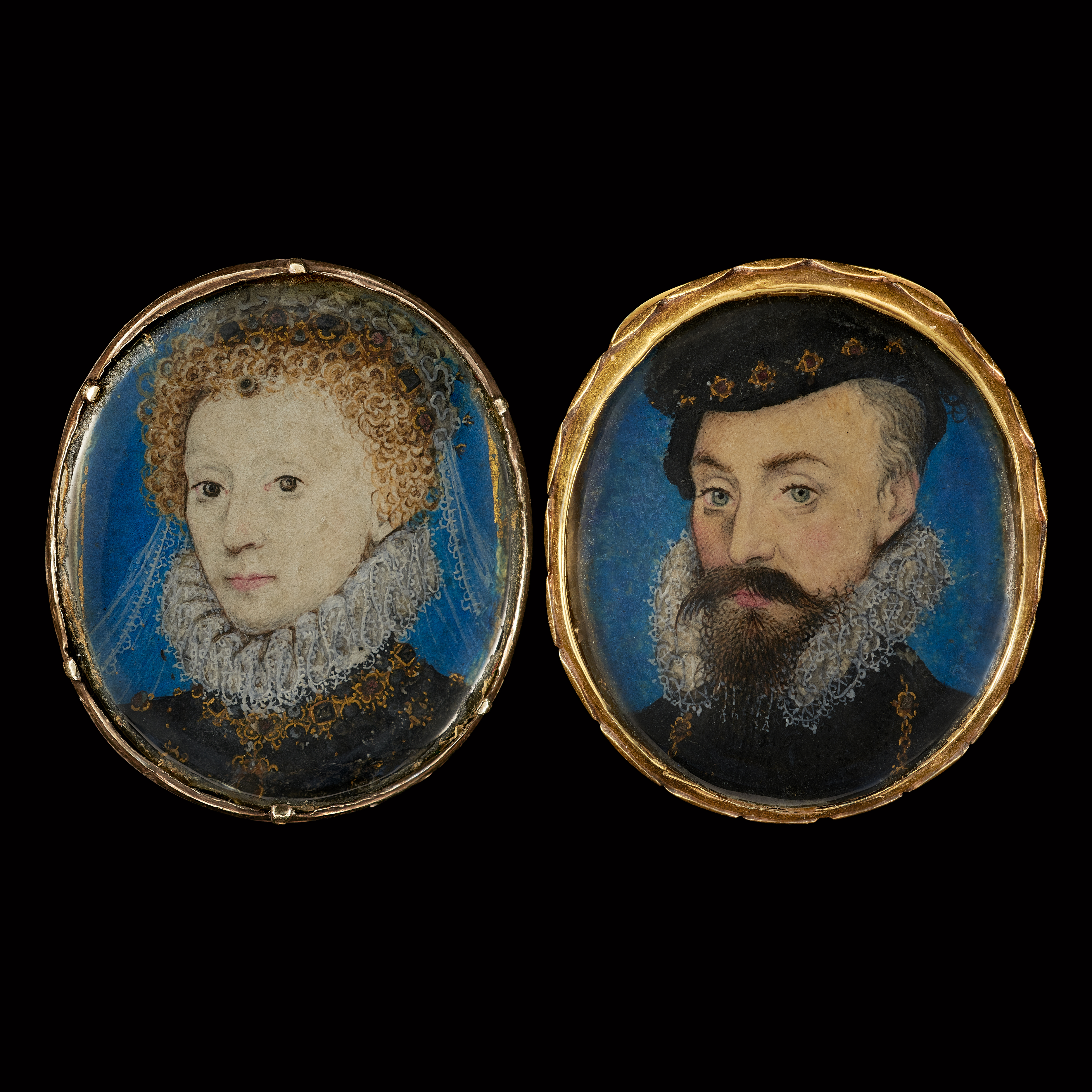 A pair of portrait miniatures of Queen Elizabeth I (1533-1603) and Robert Dudley, 1st Earl of Leicester (1532-1588); she in a black bodice, pleated ruff, and gold jewelled necklace, with a veil and jewels in her hair; he wearing a black bodice, pleated ruff, collar of the Order of the Garter, and black cap with rubies