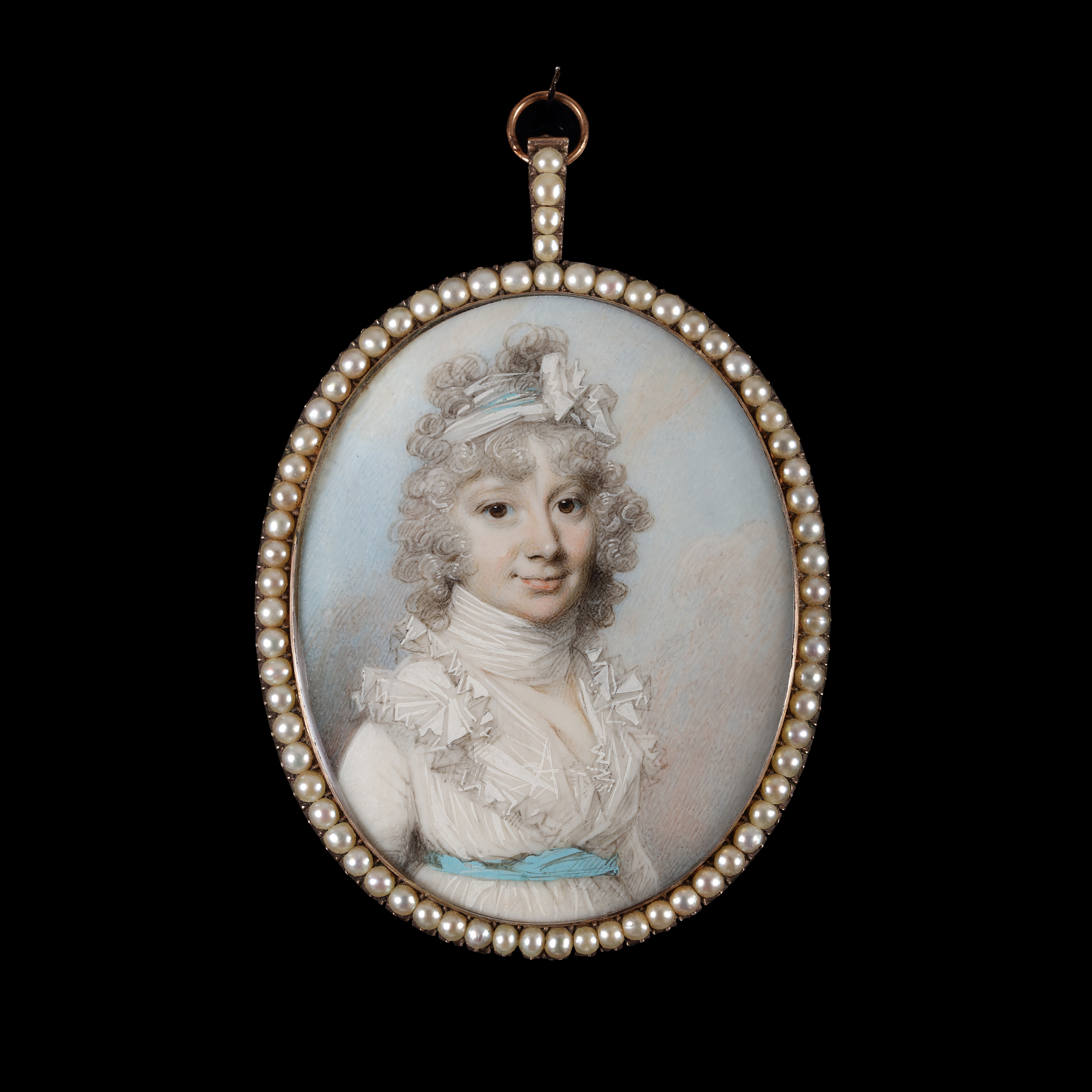 Portrait miniature of Miss Sarah Shergold in white dress with frilled trim and turquoise waistband, white choker and bandeau in her powdered hair; 1795