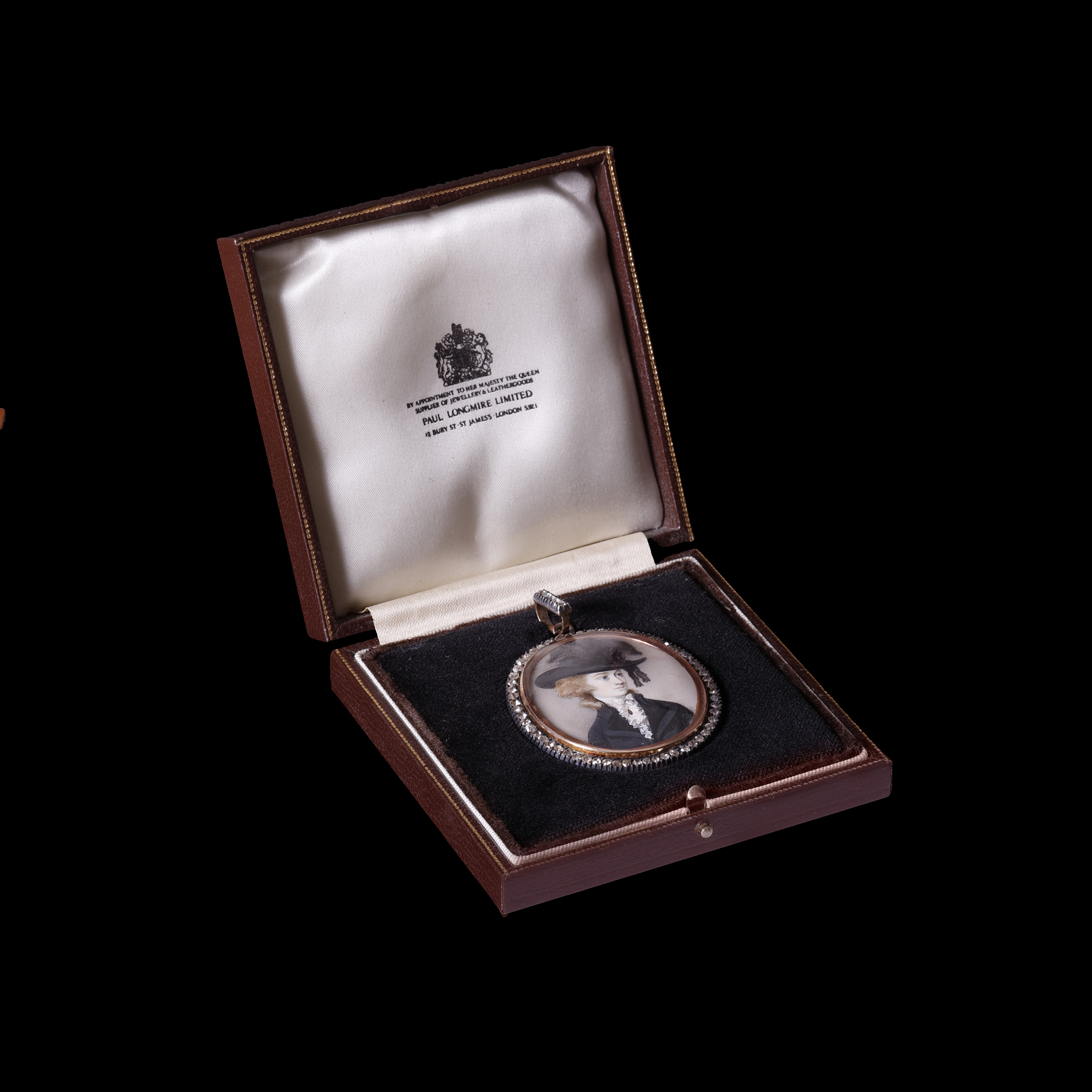 Portrait of a Lady, facing to the right, wearing a wide-brimmed hat, topped with ostrich feathers and ribbons, and a black redingote, a pleated jabot underneath