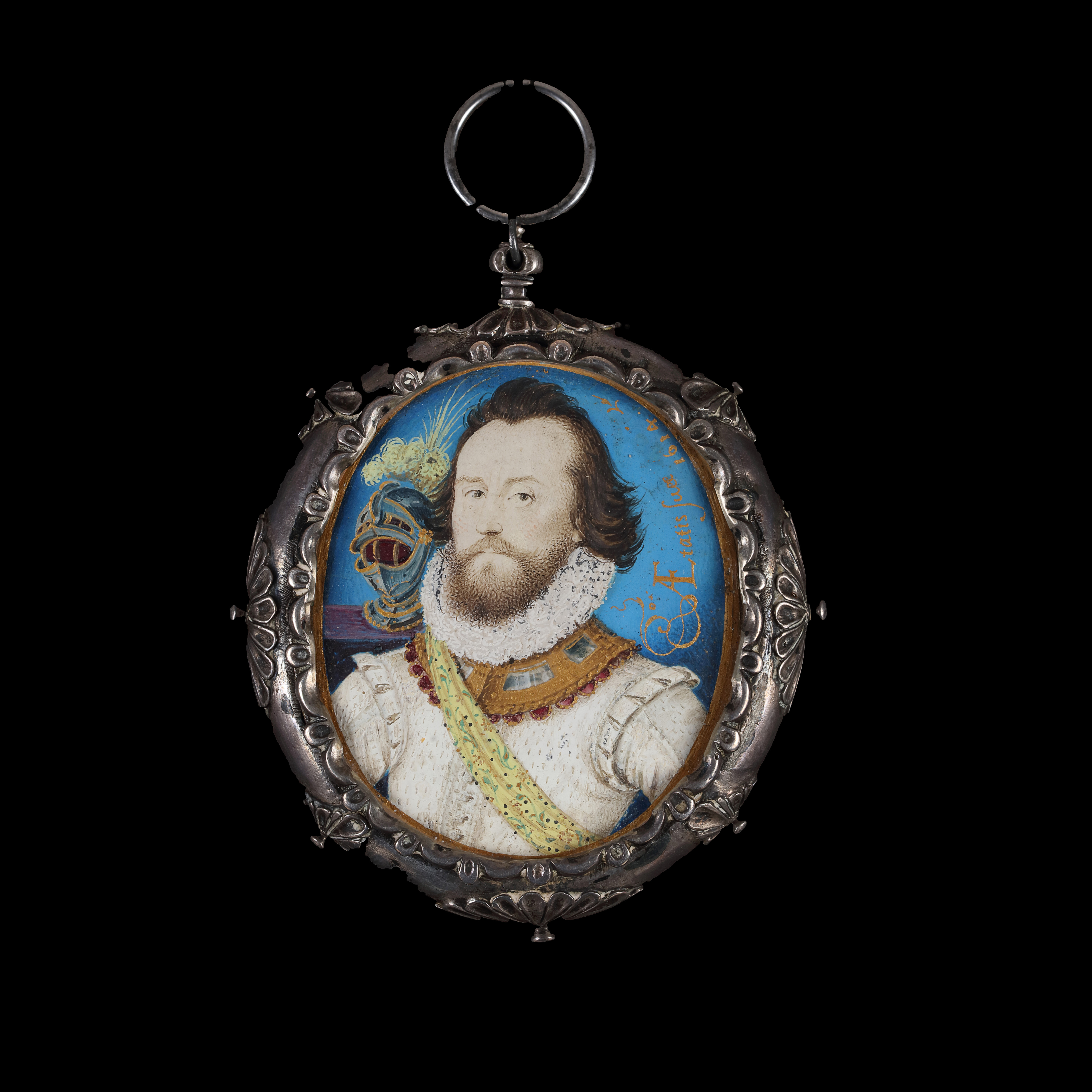 Portrait miniature of a Soldier, wearing white doublet and ruff, jewel-set gorget, yellow embroidered sash and gilt-banded helmet with white plumes on a purple velvet plinth behind