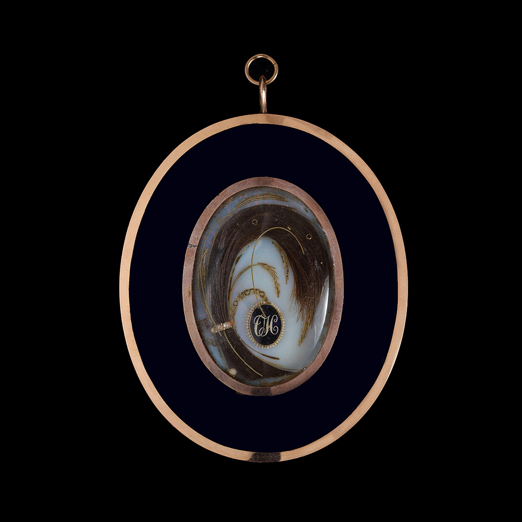 Portrait miniature of a Young Lady, facing right in blue riding habit with gold buttons, stripped yellow and gold waistcoat, yellow frilled cravat, black top hat with white plumes and gold rosette in her long powdered curly hair