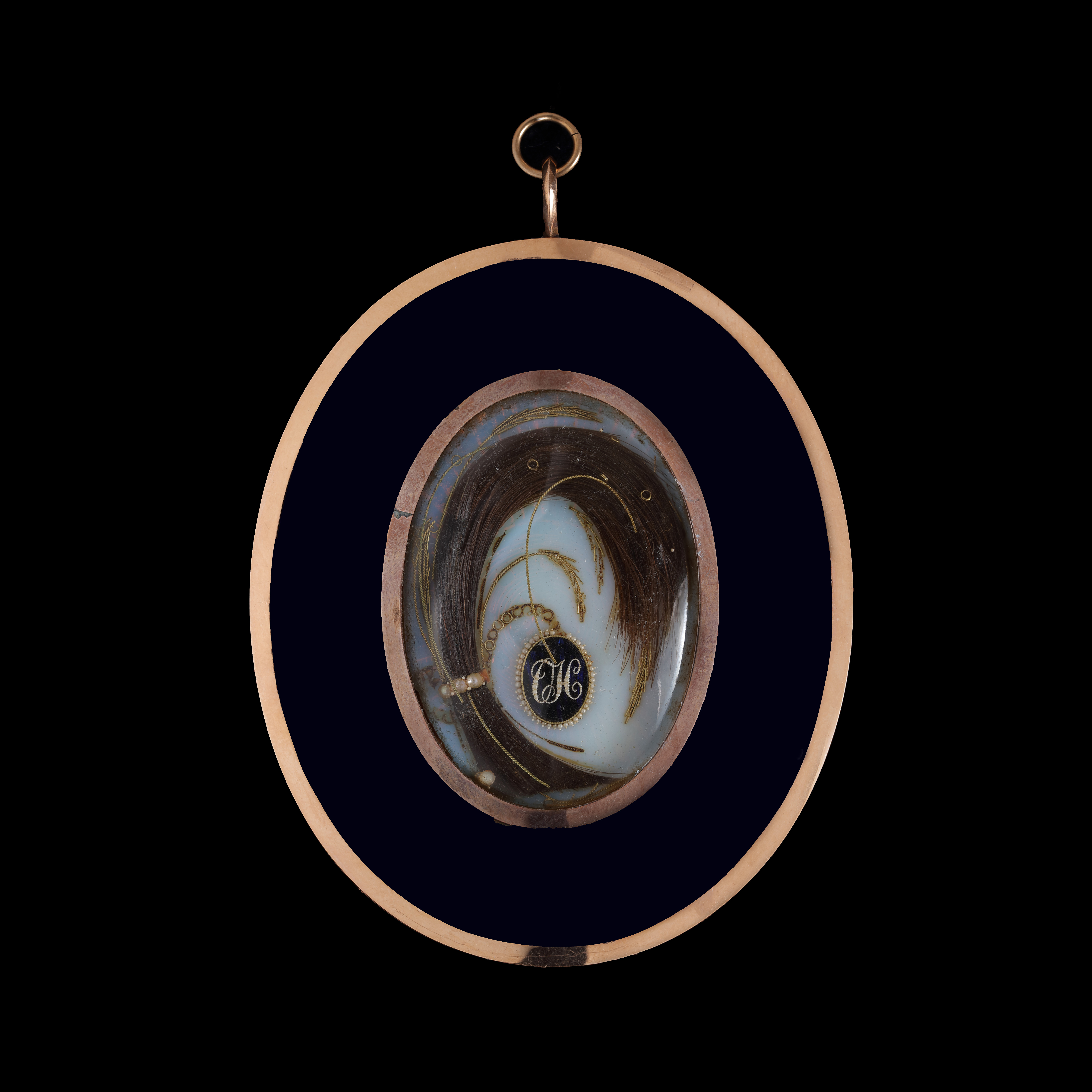 Portrait miniature of a Young Lady, facing right in blue riding habit with gold buttons, stripped yellow and gold waistcoat, yellow frilled cravat, black top hat with white plumes and gold rosette in her long powdered curly hair