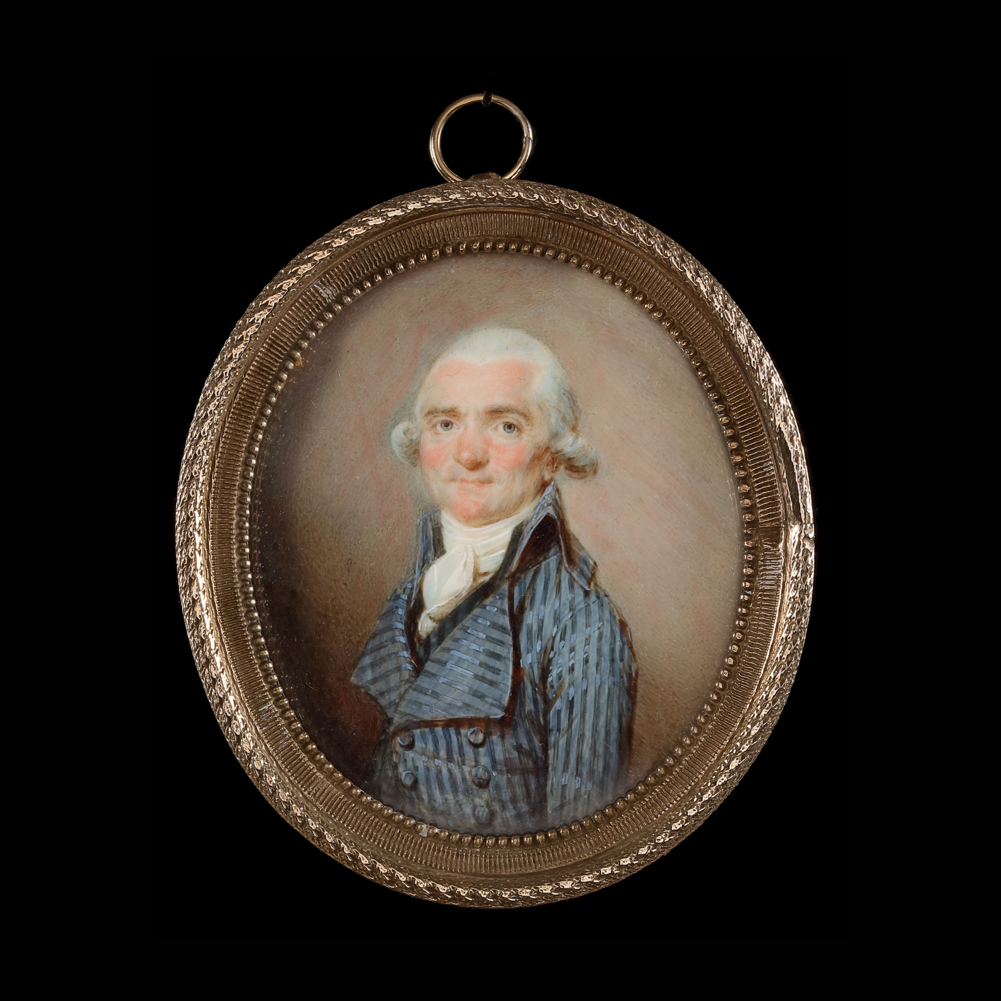 Portrait miniature of a Gentleman in a blue ‘pékin’ coat, black waistcoat, and white stock and cravat
