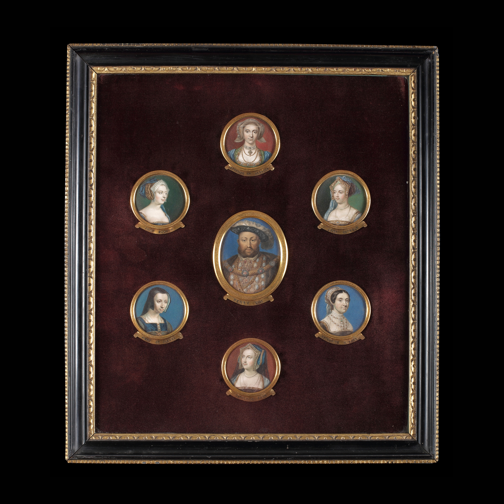 Portrait miniatures of Henry VIII (1491-1547), ‘Katherine of Aragon’ (1485-1536), ‘Anne Boleyn’ (c.1501-1536), Jane Seymour (c.1508/9-1537), ‘Anne of Cleves’ (1515-1557), Katherine Howard (c.1523-1542), and ‘Katherine Parr’ (1512-1548);