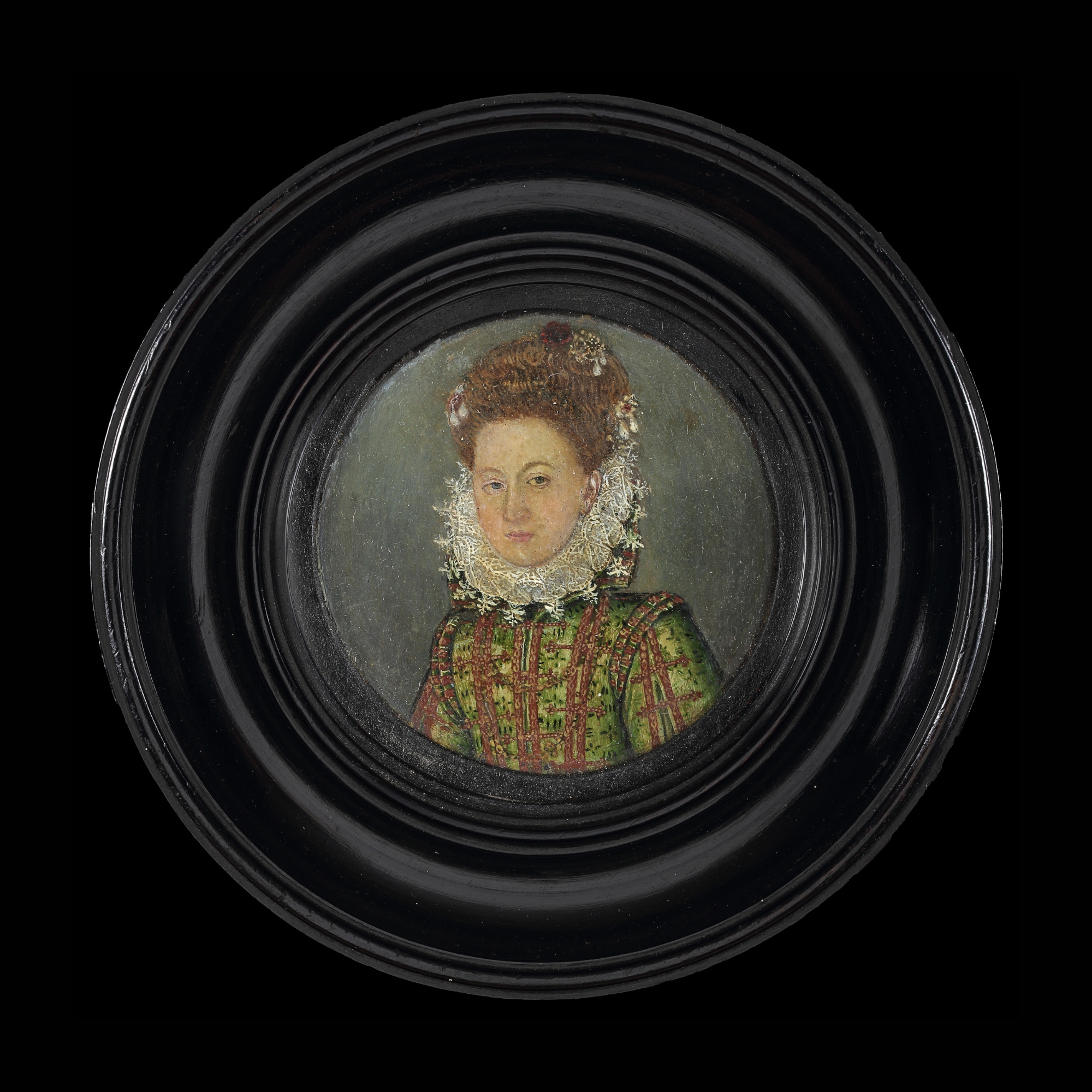 A Noblewoman, wearing green dress, white lace ruff, pearls and a red flower in her hair