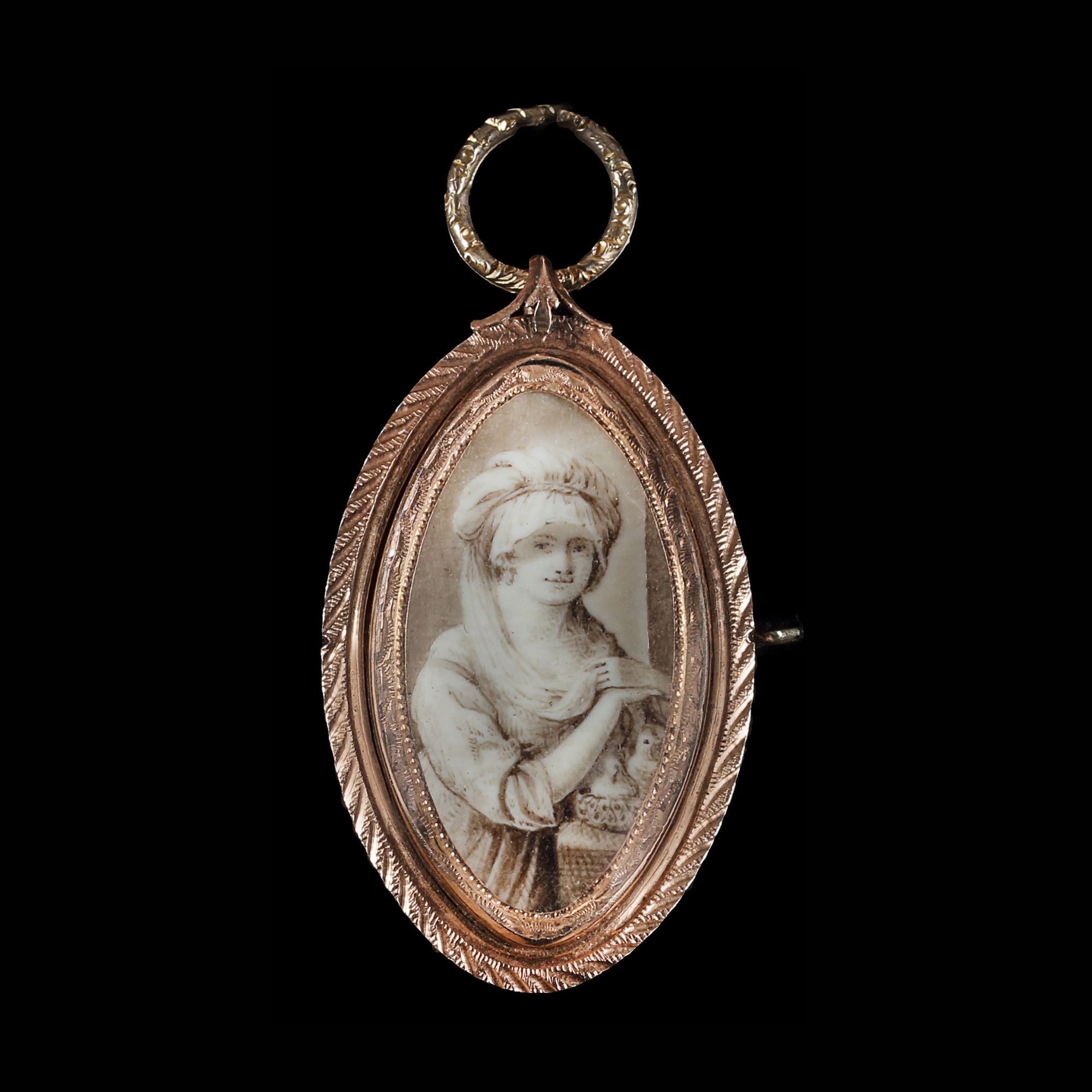 Memorial portrait miniature of a Lady in a turban, holding doves in a basket