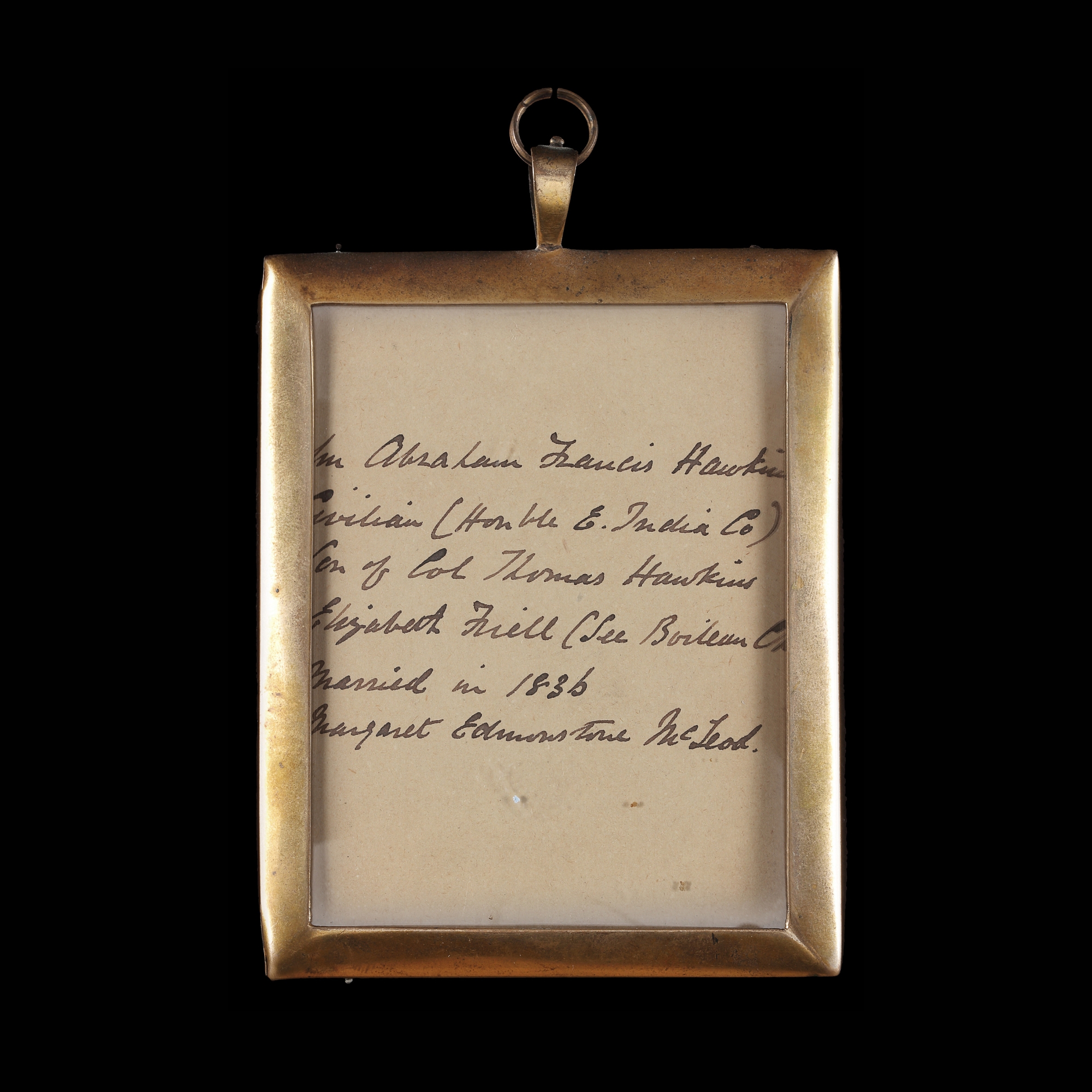 Portrait miniature of John Abraham Francis Hawkins (1803 - 1879) wearing dark blue buttoned coat, black waistcoat and white standing collar, his red hair curling and parted; sold with a portrait miniature of his sister, Henrietta Alicia Aldersley, née Hawkins (1806-1855), wearing white dress with puffed sleeves and lace décolléte trim, dark blue sleeveless overdress, and a brown fur stole, gold necklace and earrings, her hair upswept in an Apollo knot