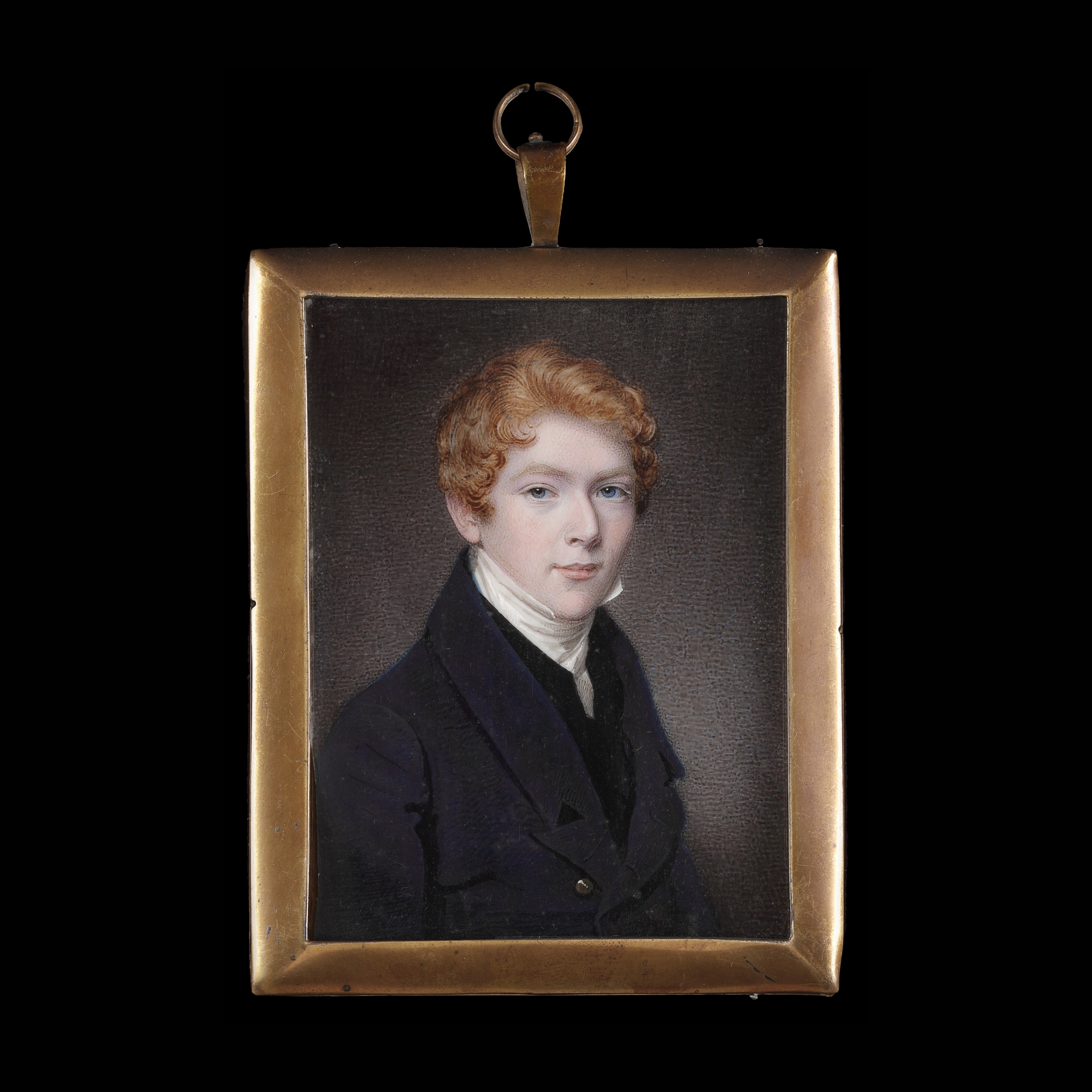 Portrait miniature of John Abraham Francis Hawkins (1803 - 1879) wearing dark blue buttoned coat, black waistcoat and white standing collar, his red hair curling and parted; sold with a portrait miniature of his sister, Henrietta Alicia Aldersley, née Hawkins (1806-1855), wearing white dress with puffed sleeves and lace décolléte trim, dark blue sleeveless overdress, and a brown fur stole, gold necklace and earrings, her hair upswept in an Apollo knot