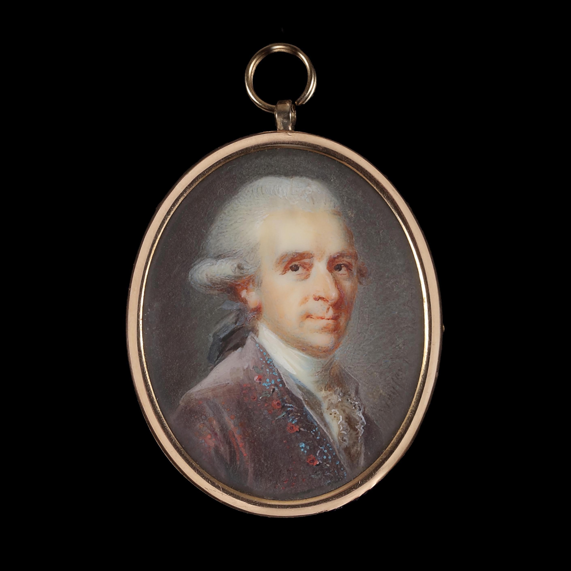 Portrait miniature of a gentleman, traditionally identified as Jules, 1st Duc de Polignac (1746-1817), wearing a plum-coloured jacket with embroidered detail, with a white stock and cravat, his wig 'en queue'