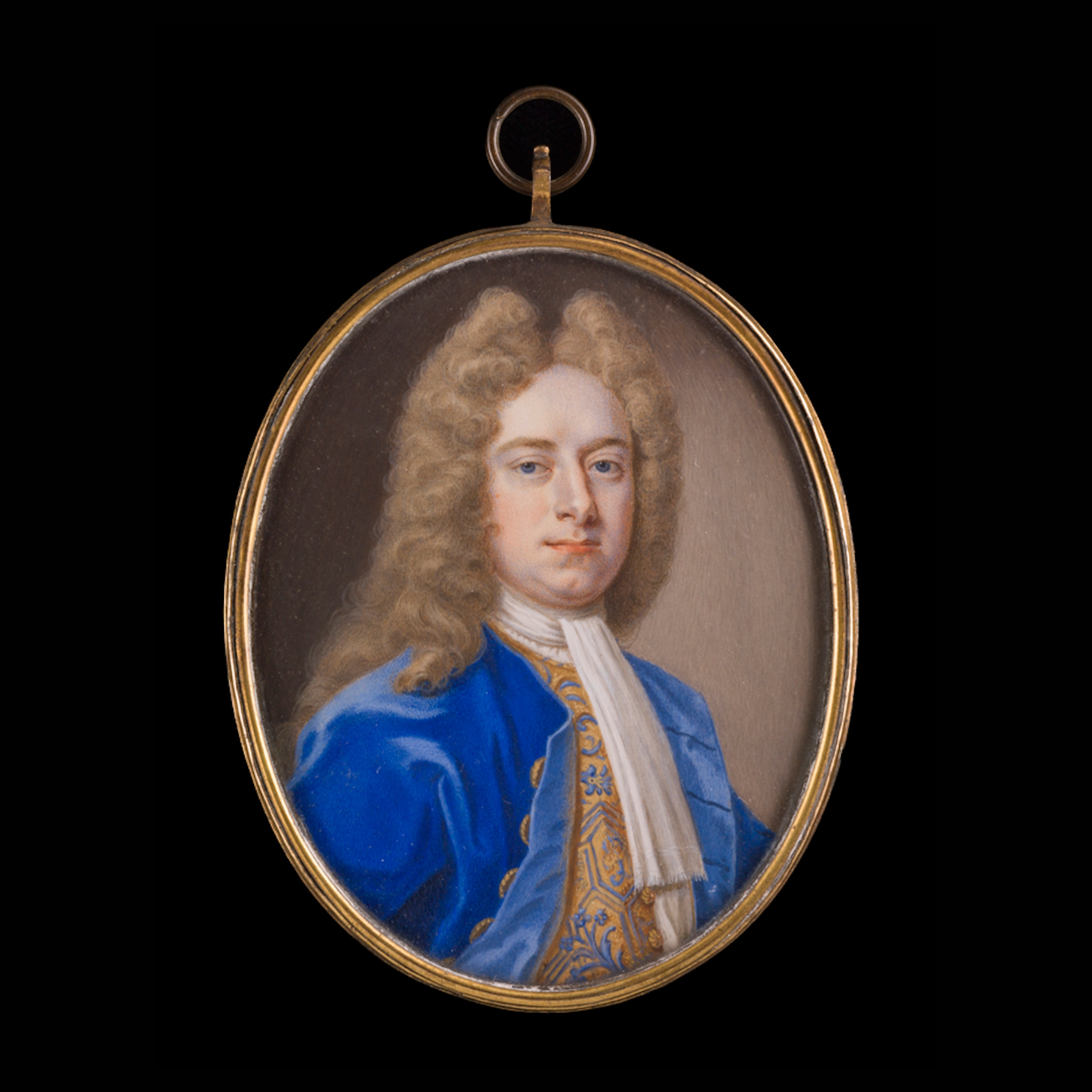 Portrait miniature of Gentleman, probably Robert Cholmeley (d. 1754), father of Jane Leigh-Perrot (nee Cholmeley), aunt of the English author Jane Austen (1775-1817), wearing a blue coat and waistcoat decorated with a foliate pattern, early 18th century
