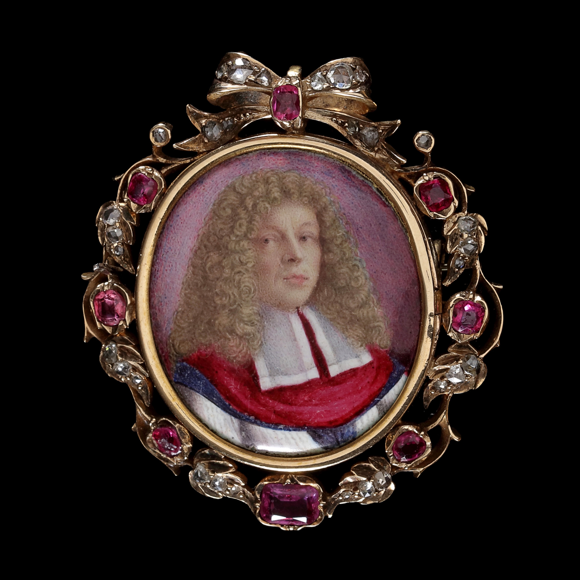 Portrait enamel of a Prelate wearing ‘preaching bands’ and a crimson cape over robeS