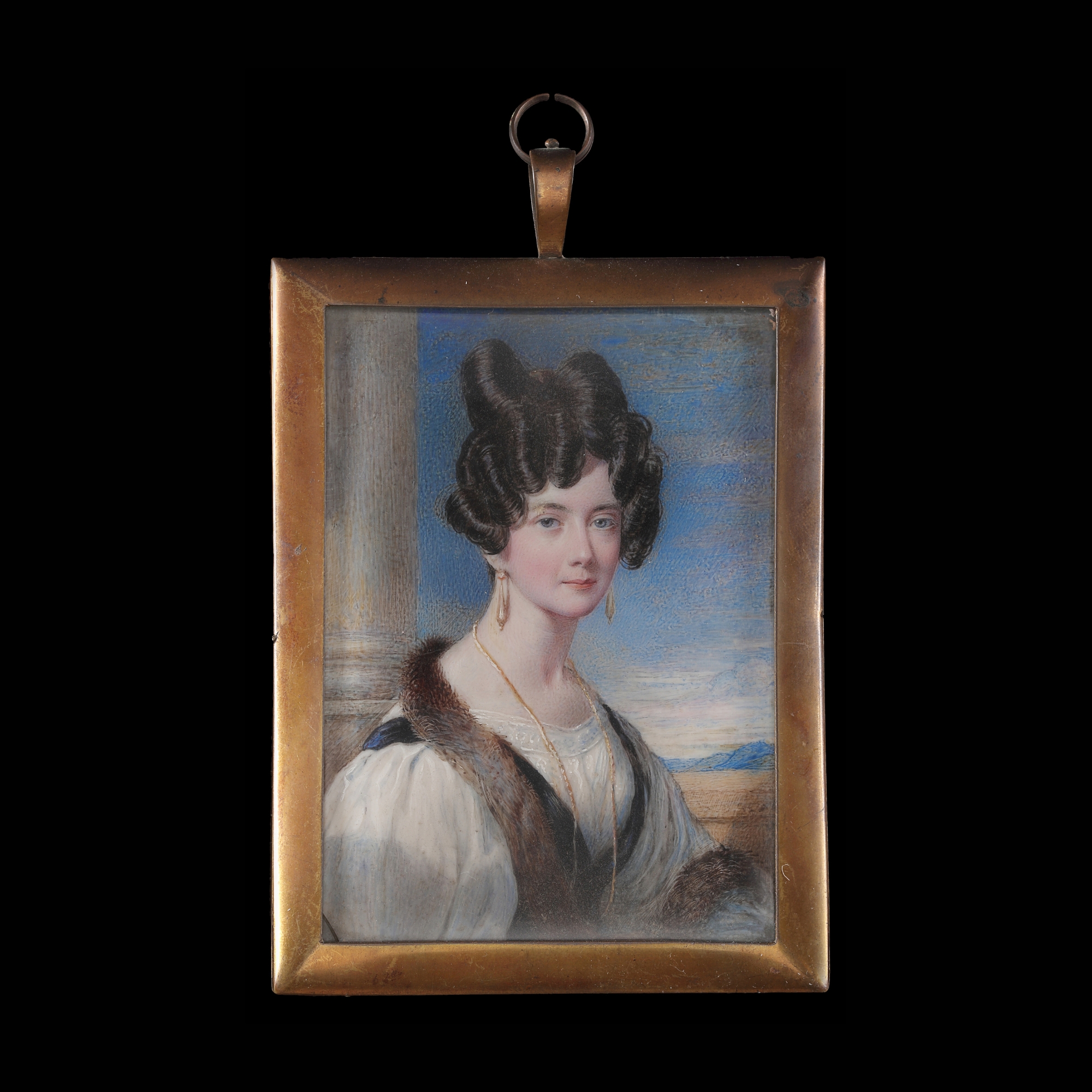Portrait miniature of John Abraham Francis Hawkins (1803 - 1879) wearing dark blue buttoned coat, black waistcoat and white standing collar, his red hair curling and parted; sold with a portrait miniature of his sister, Henrietta Alicia Aldersley, née Hawkins (1806-1855), wearing white dress with puffed sleeves and lace décolléte trim, dark blue sleeveless overdress, and a brown fur stole, gold necklace and earrings, her hair upswept in an Apollo knot
