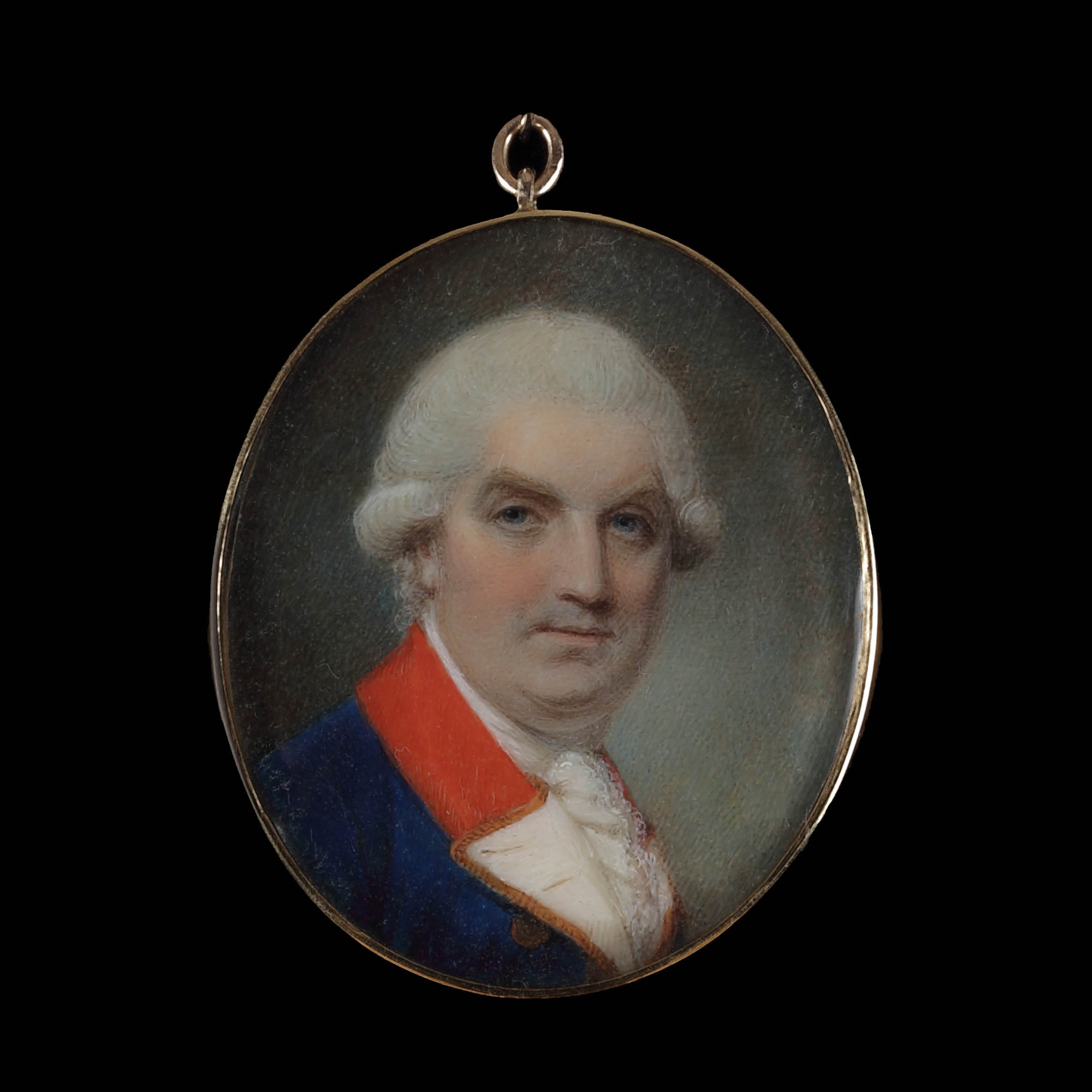 Portrait miniature of a Gentleman in military-style dress, with blue jacket with a red collar, gold trim, and white facings, a white stock, and a powdered wig worn 'en queue'