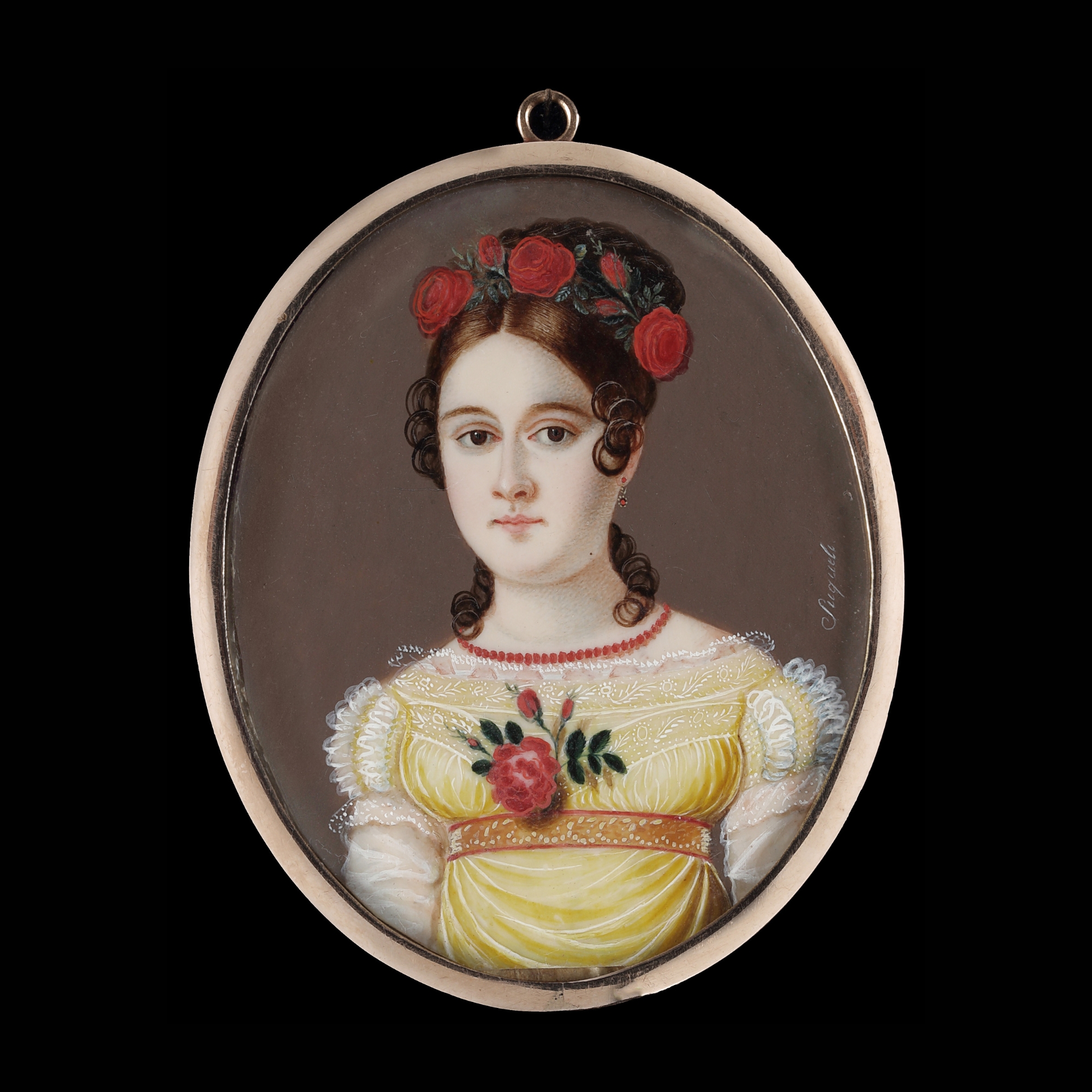 Portrait miniature of a young Lady, wearing a yellow dress with white sleeves and lace, a necklace of coral beads, a rose worn at her breast, her hair worn up and dressed with roses