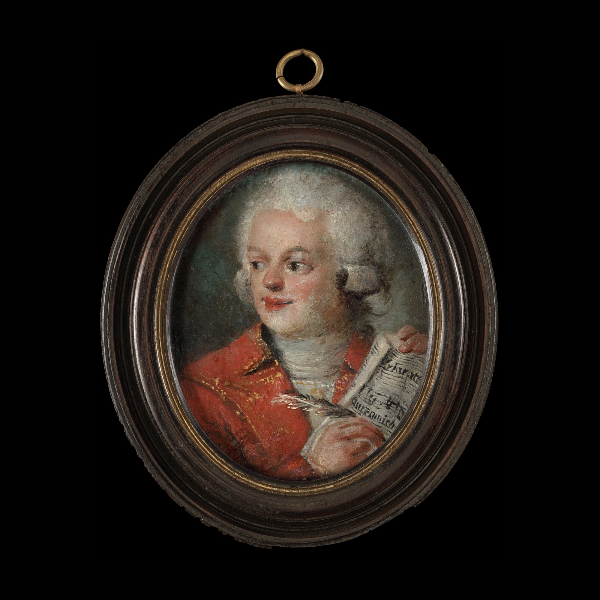Portrait probably depicting Italian composer Domenico Cimarosa holding a quill and musical score on which are written the words ‘arate’ and ‘Autunniche’