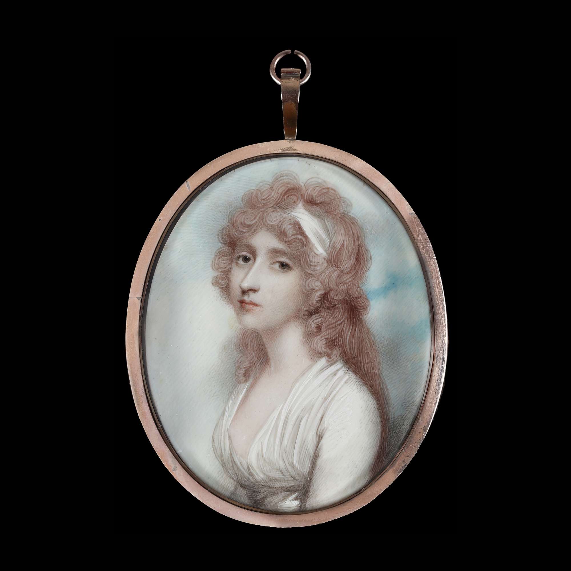 Portrait miniature of a Lady, traditionally called Mrs Anna Blackburn, wearing a white dress, her hair lightly powdered and dressed with matching bandeau