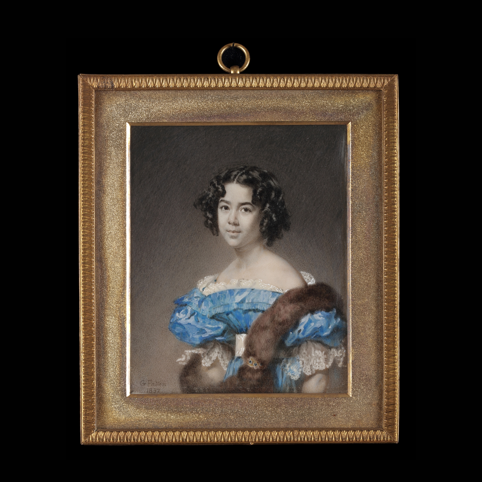Portrait miniature of a lady in blue silk gown trimmed with white lace, a white sash, and a fur tippet, possibly made of sable, over one shoulder, her hair worn in ringlets