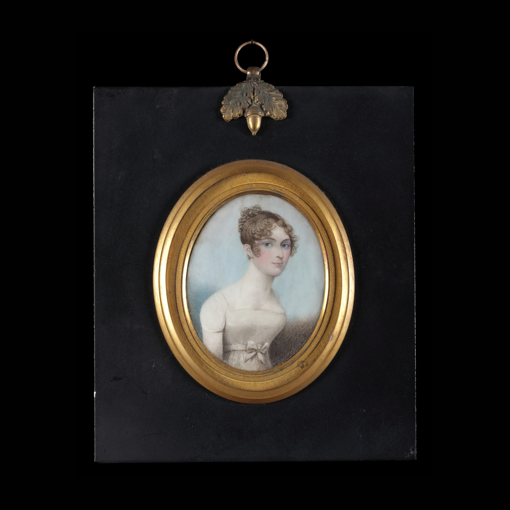 Portrait miniature of a Young Lady, wearing white dress with a white ribbon tied in a bow