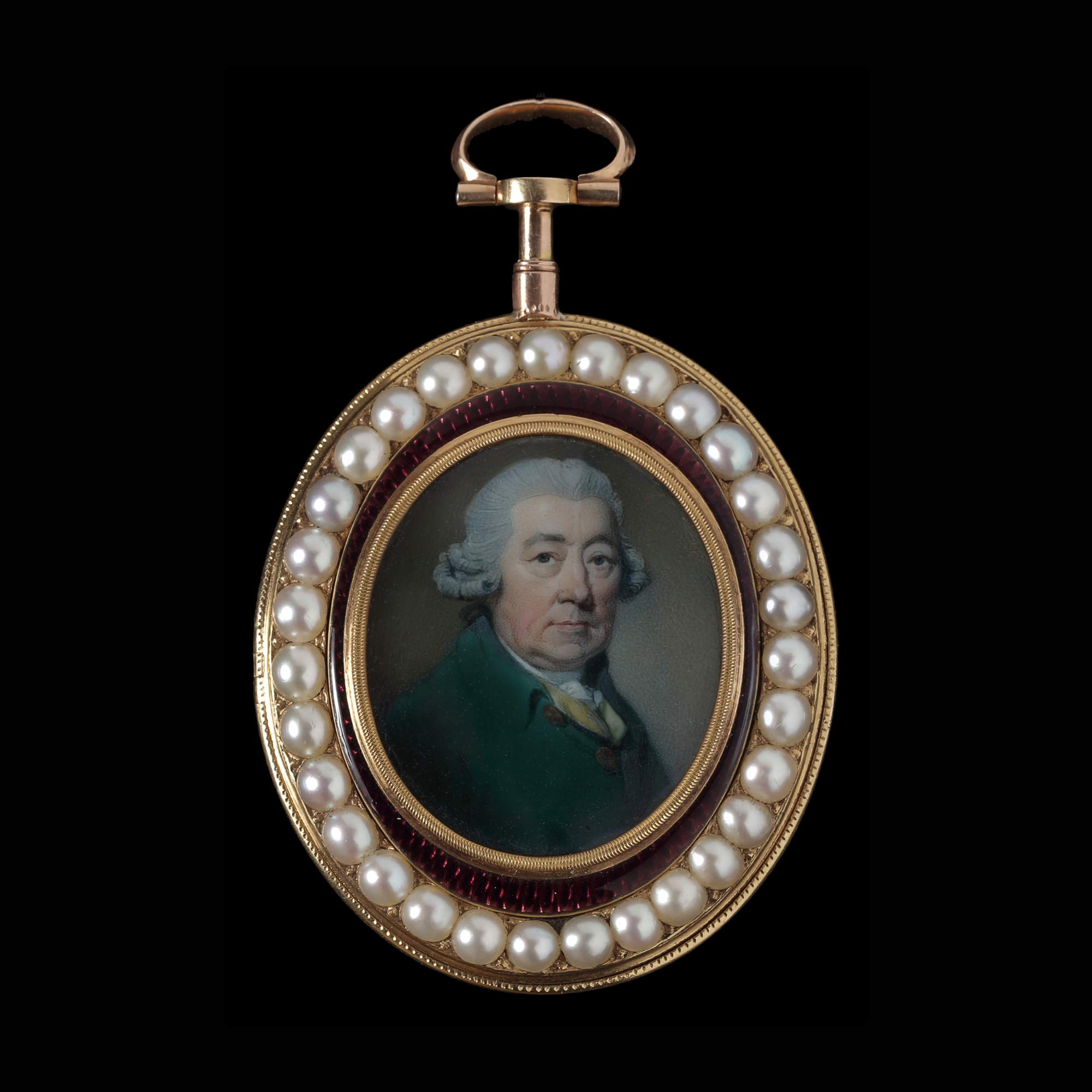 Portrait miniature of a Gentleman, wearing green jacket with yellow waistcoat and white cravat and stock