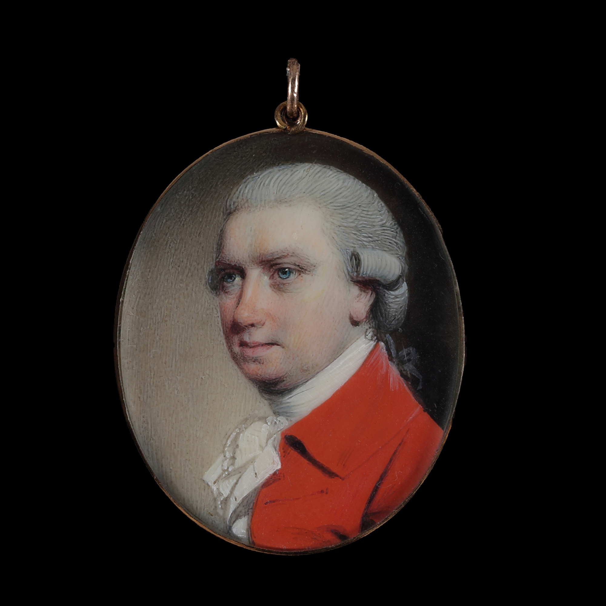 Portrait miniature of a Gentleman wearing a scarlet coat, white waistcoat, white stock and frilled shirt