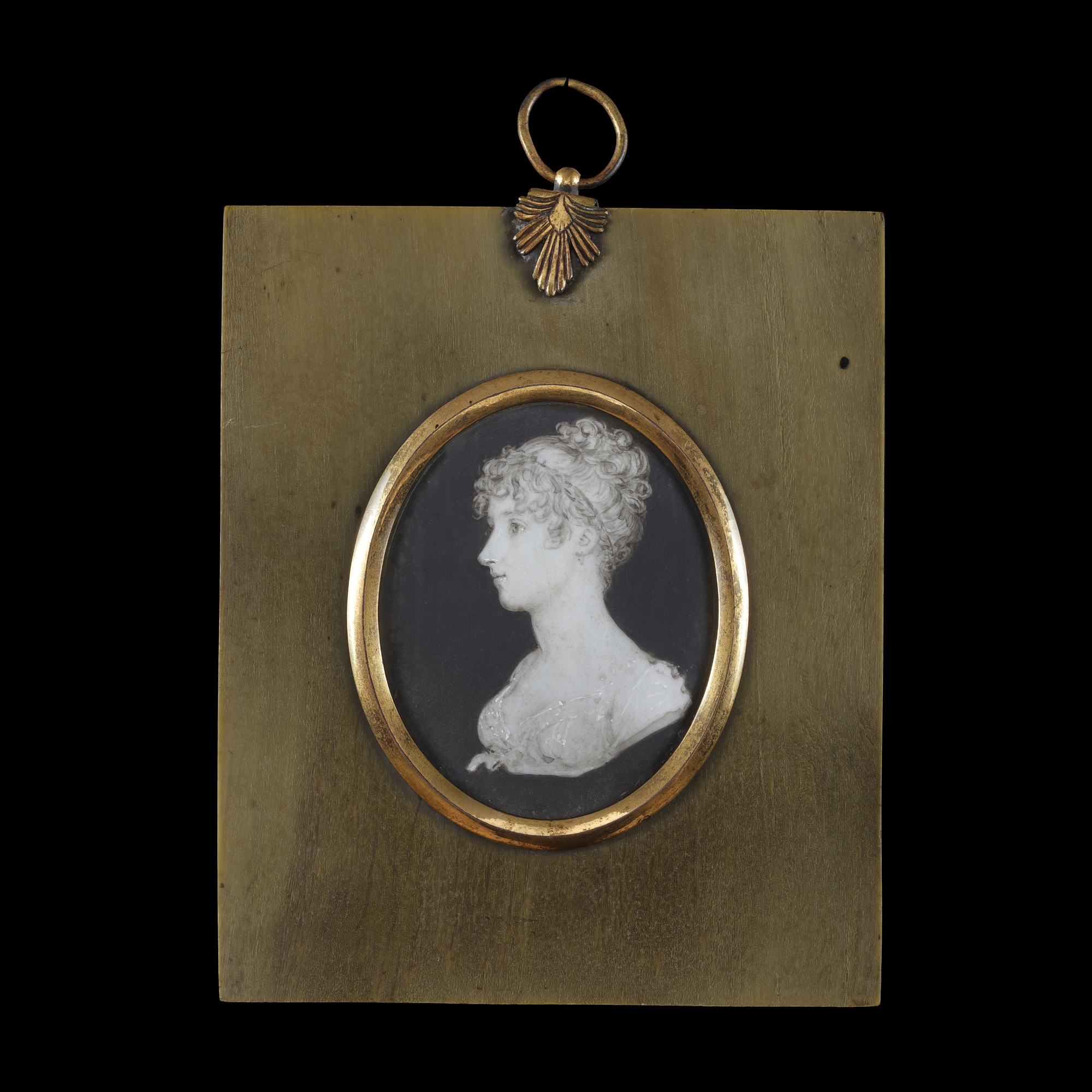 Portrait miniature 'en grisaille' of a Lady in profile to her right, wearing a low-cut empire line dress with capped sleeves and a ribbon tied beneath her bust with a bow, her hair curling and upswept
