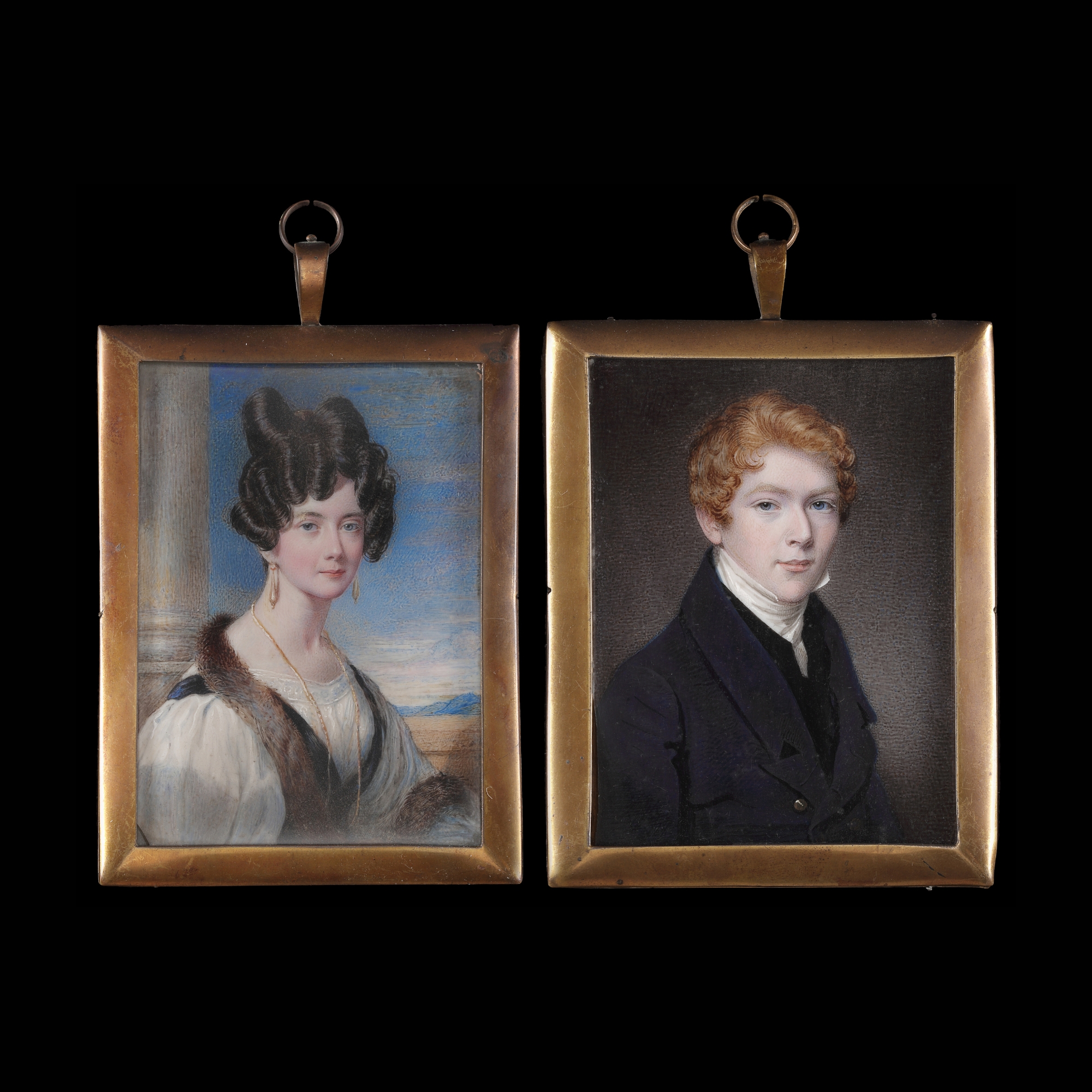 Portrait miniature of John Abraham Francis Hawkins (1803 - 1879) wearing dark blue buttoned coat, black waistcoat and white standing collar, his red hair curling and parted; sold with a portrait miniature of his sister, Henrietta Alicia Aldersley, née Hawkins (1806-1855), wearing white dress with puffed sleeves and lace décolléte trim, dark blue sleeveless overdress, and a brown fur stole, gold necklace and earrings, her hair upswept in an Apollo knot